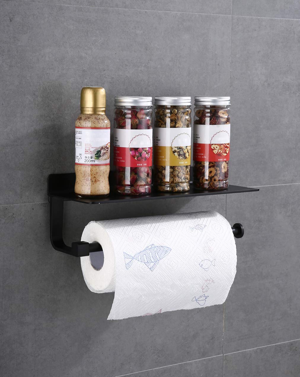 Missmin Black Paper Towel Holder With Shelf,Wall Mount Organizer Storage For Kitchen Shower Bathroom