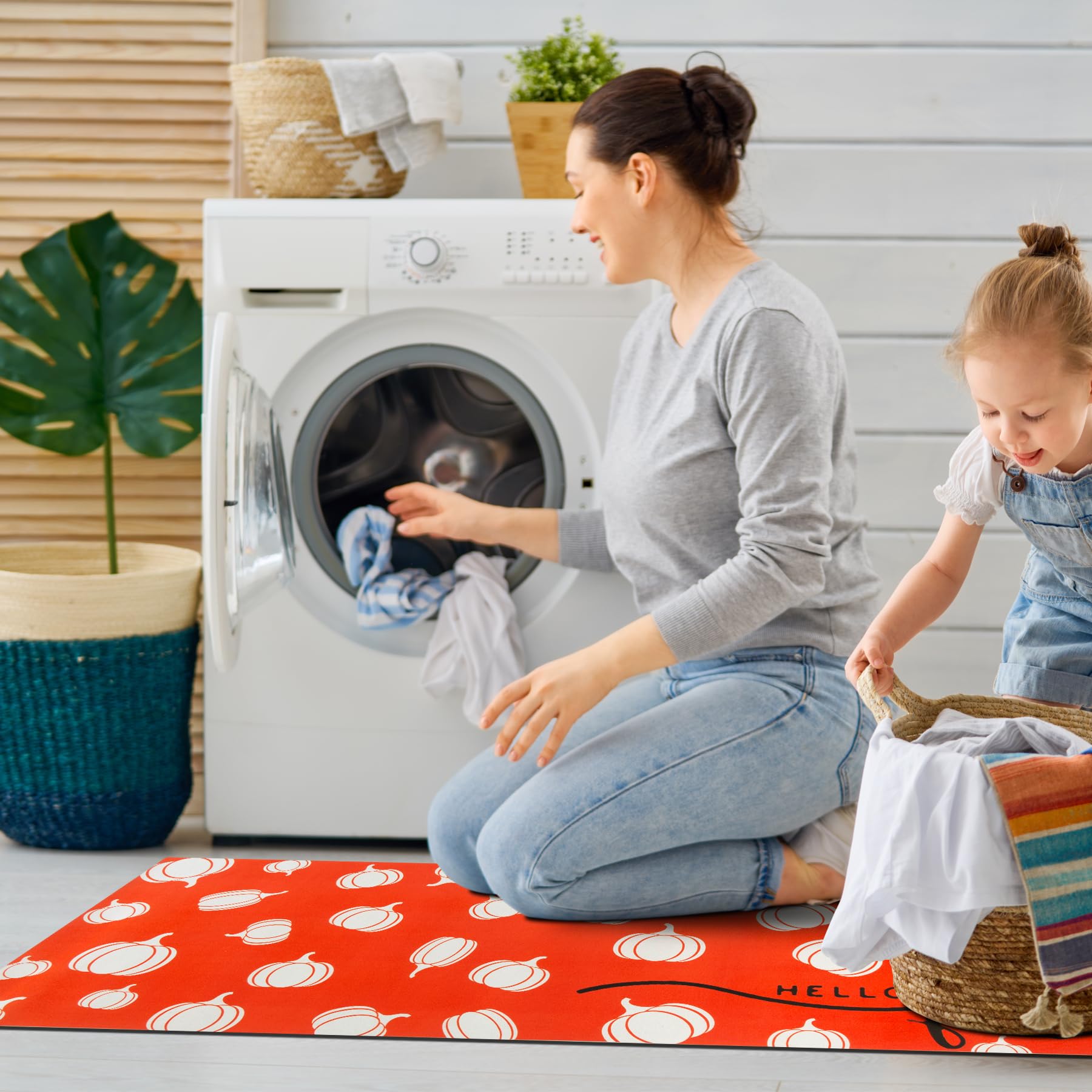 WOBUBU Fall Pumpkin Rubber Kitchen Rugs Set of 3,Non Slip Washable Mats Set for Home Floor Autumn Harvest Thanksgiving Day Decor