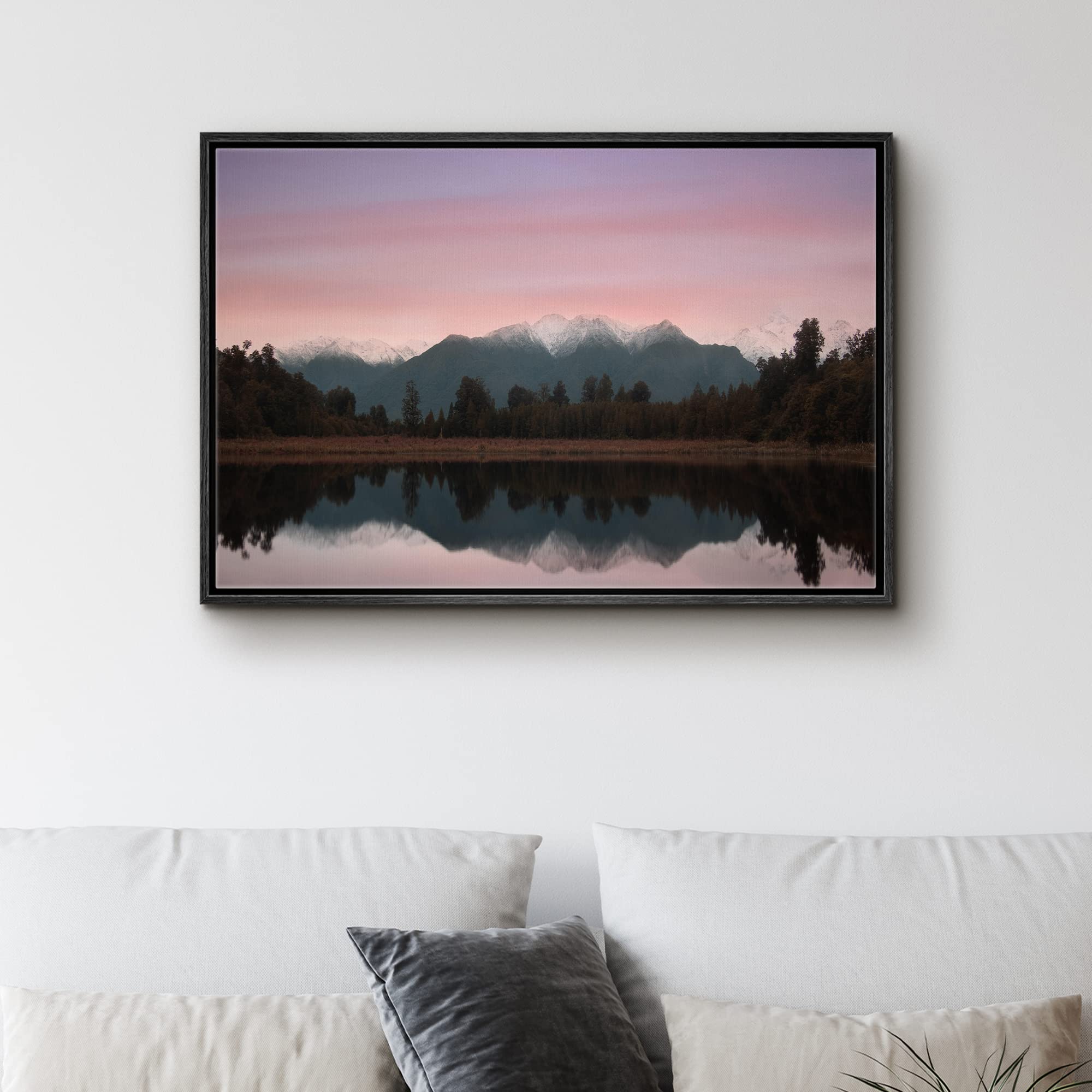Signwin Framed Canvas Wall Art Pink And Red Sunset Over Lake Matheson, New Zealand Landscape Ocean Photography Modern Panoramic