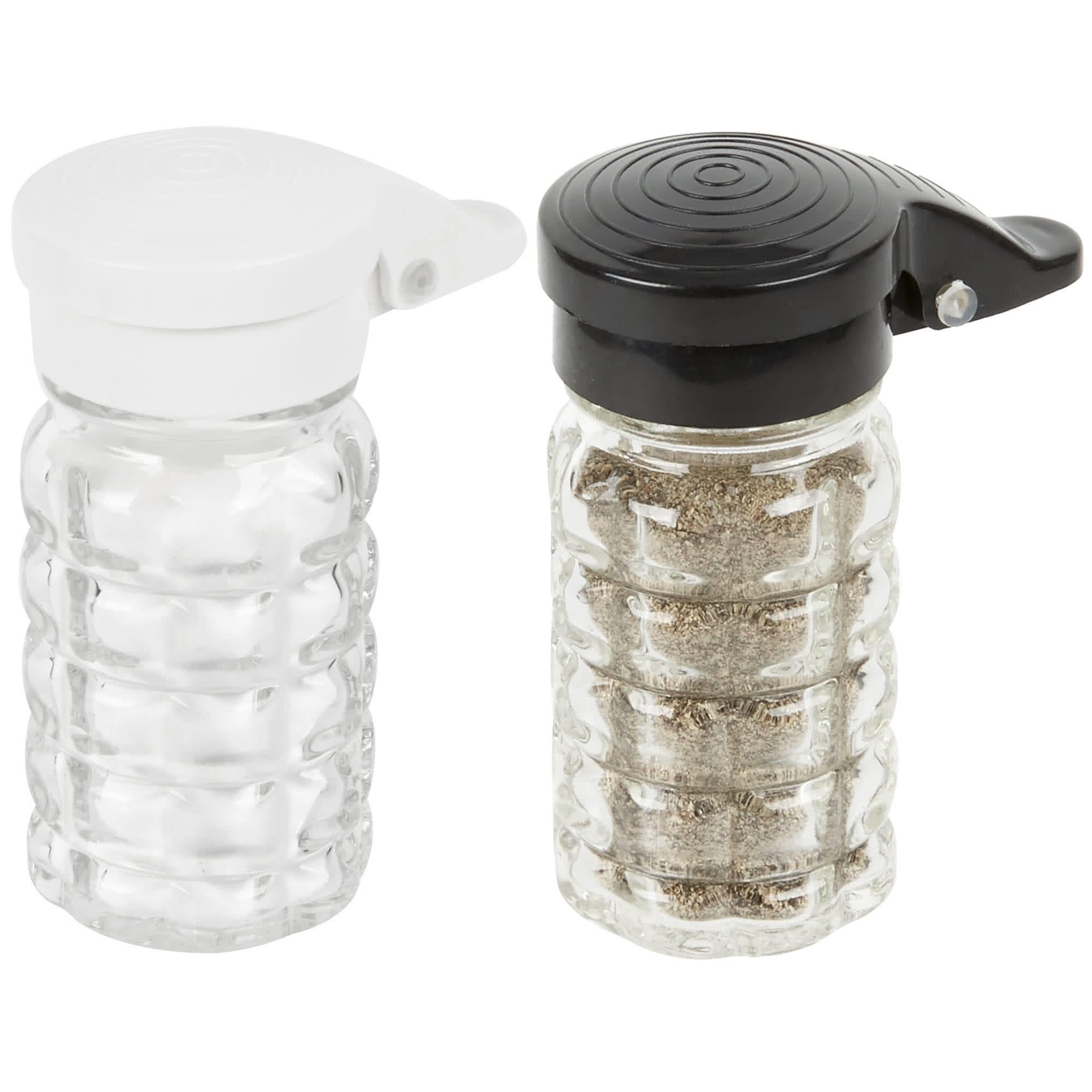 Tablecraft Moisture Proof Salt & Pepper Shakers - 1.5 Oz - Glass W/Black & White Lids Spring Loaded, No Clog, Set Of 2