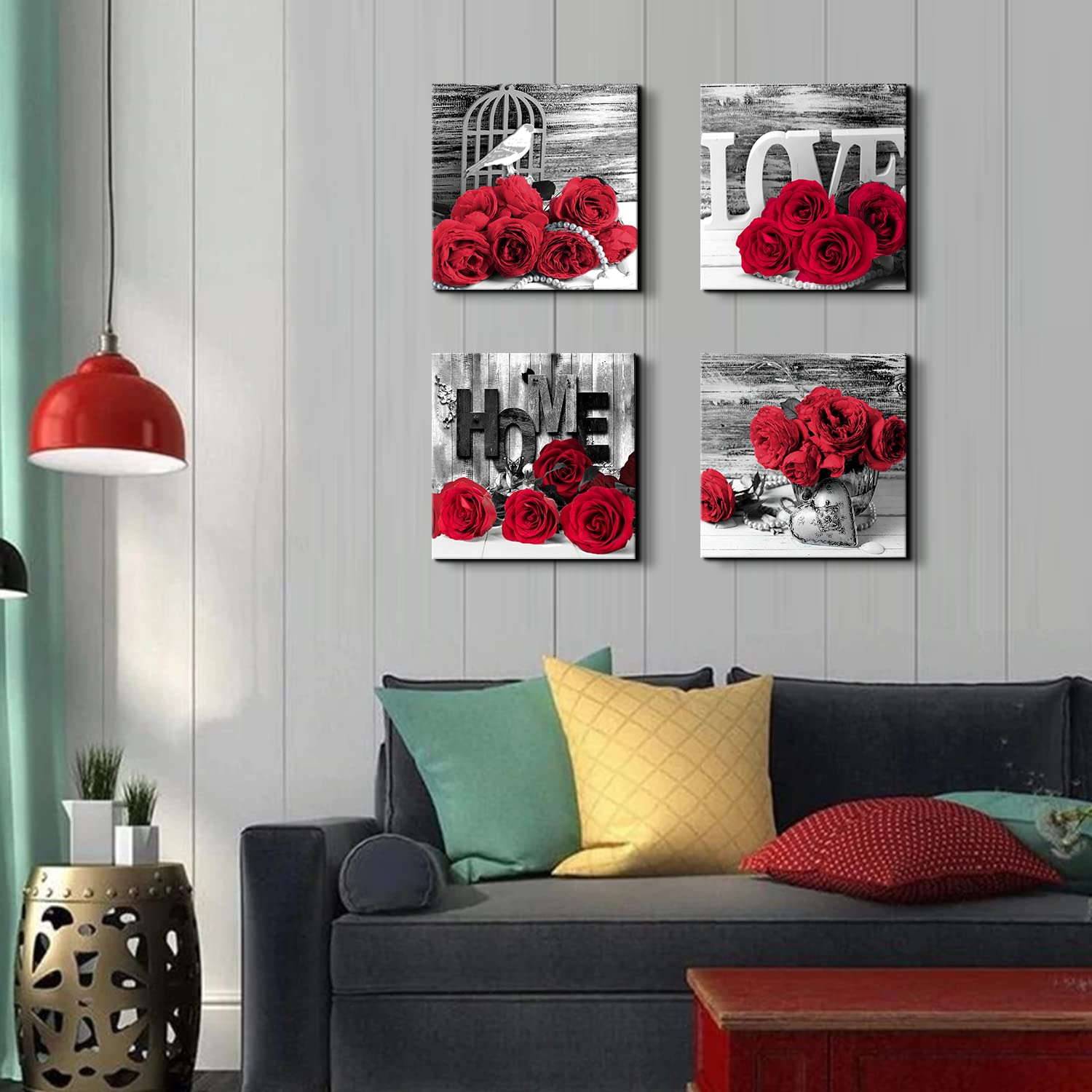 Red Rose Wall Art for Couples Master Bedroom Decor Red and Black Flower Pictures Canvas Print Bathroom Accessories Vintage Romantic Love Floral Poster Living Room Kitchen Home Decorations 12x12'' 4 Pcs