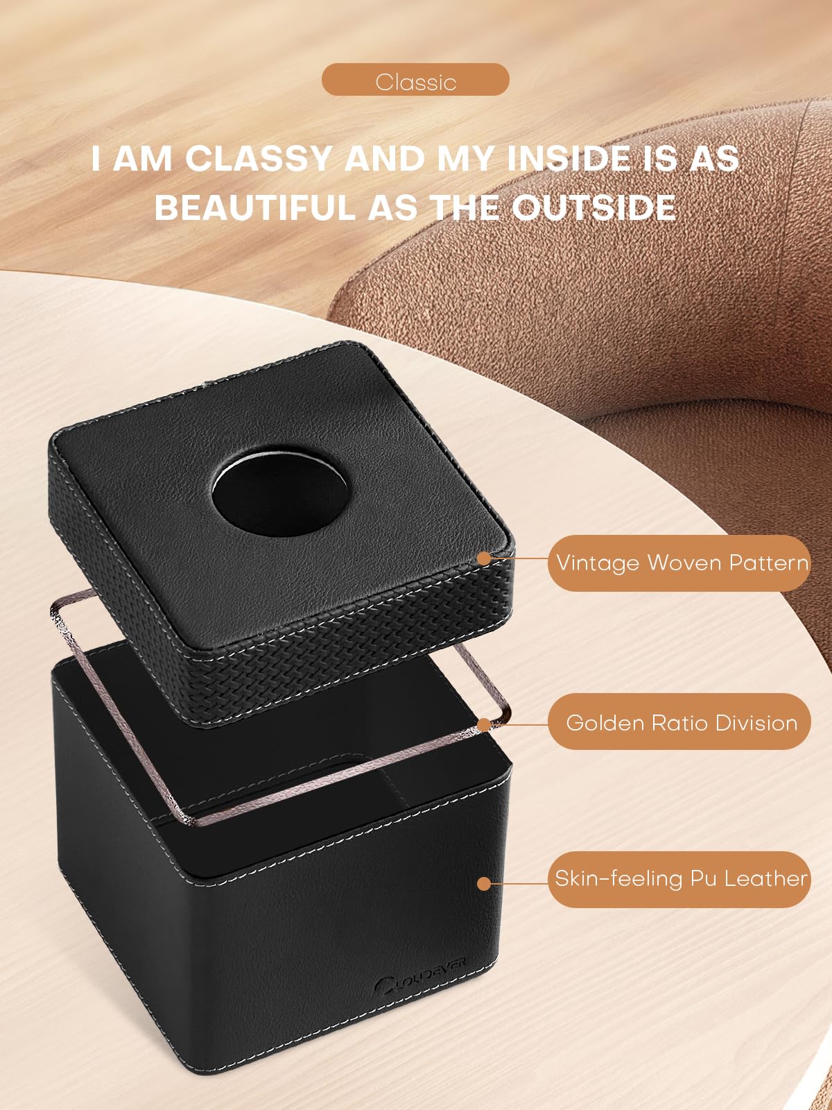 Cloudever Tissue Box Holder Cover, Modern Pu Leather Square Decorative Tissue Holder Organizer-Woven New Black