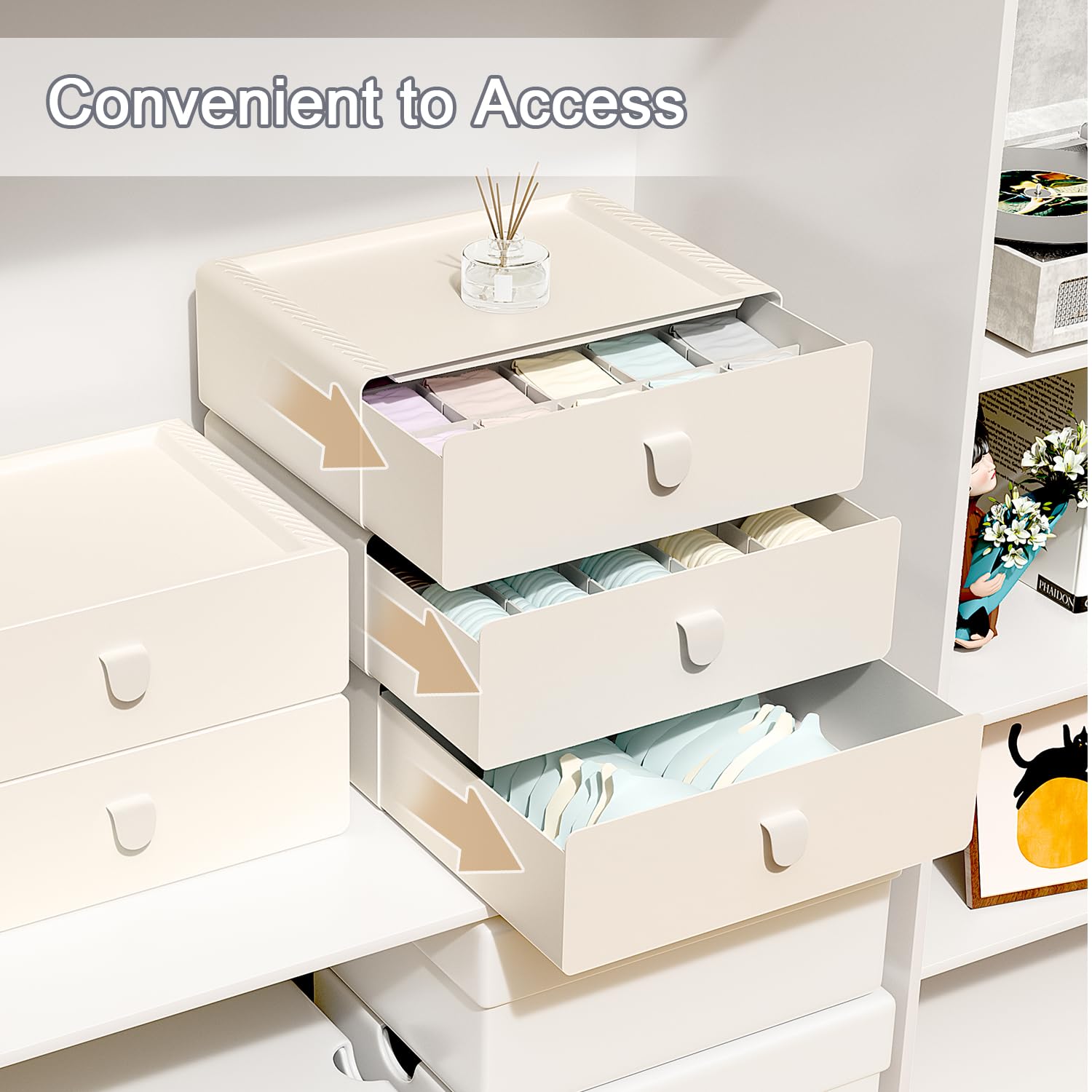 Tynulox Underwear Organizer Drawer, 15 Cells Plastic Socks Drawer, Stackable Closet Organizer, Storage Box for Bras, Panties, Sn