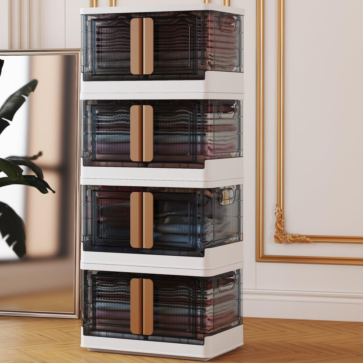 Storage Bins With Lids,Wheels-Large Plastic,4 Packs Folding Storage Box,34 Qt Stackable ,Grey Office Organization,White Dorm Roo