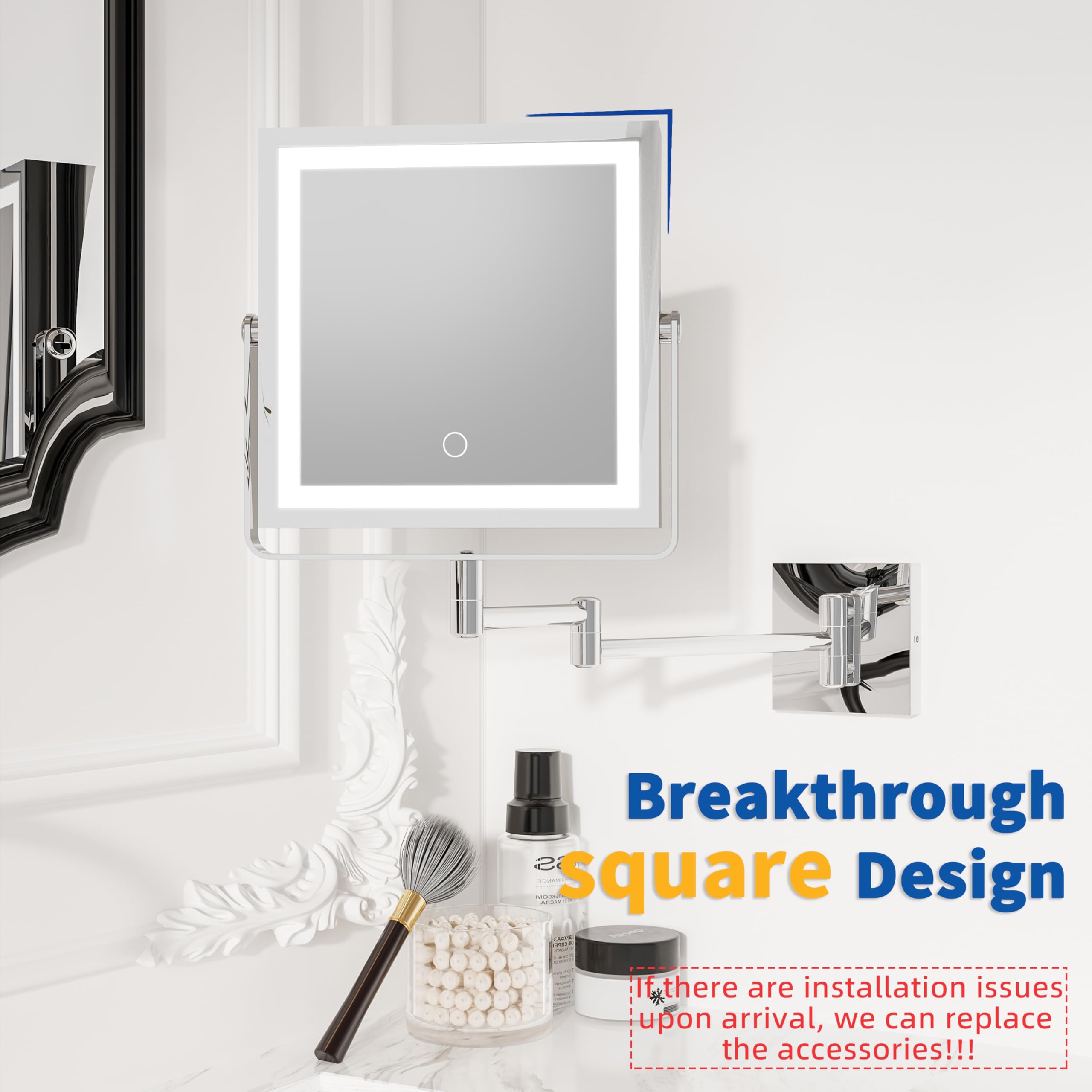 Ruacq Rechargeable Wall Mounted Makeup Mirror With Lights, Double Sided 1X/10X Magnifying Vanity Mirror With 3 Color Lighting, T