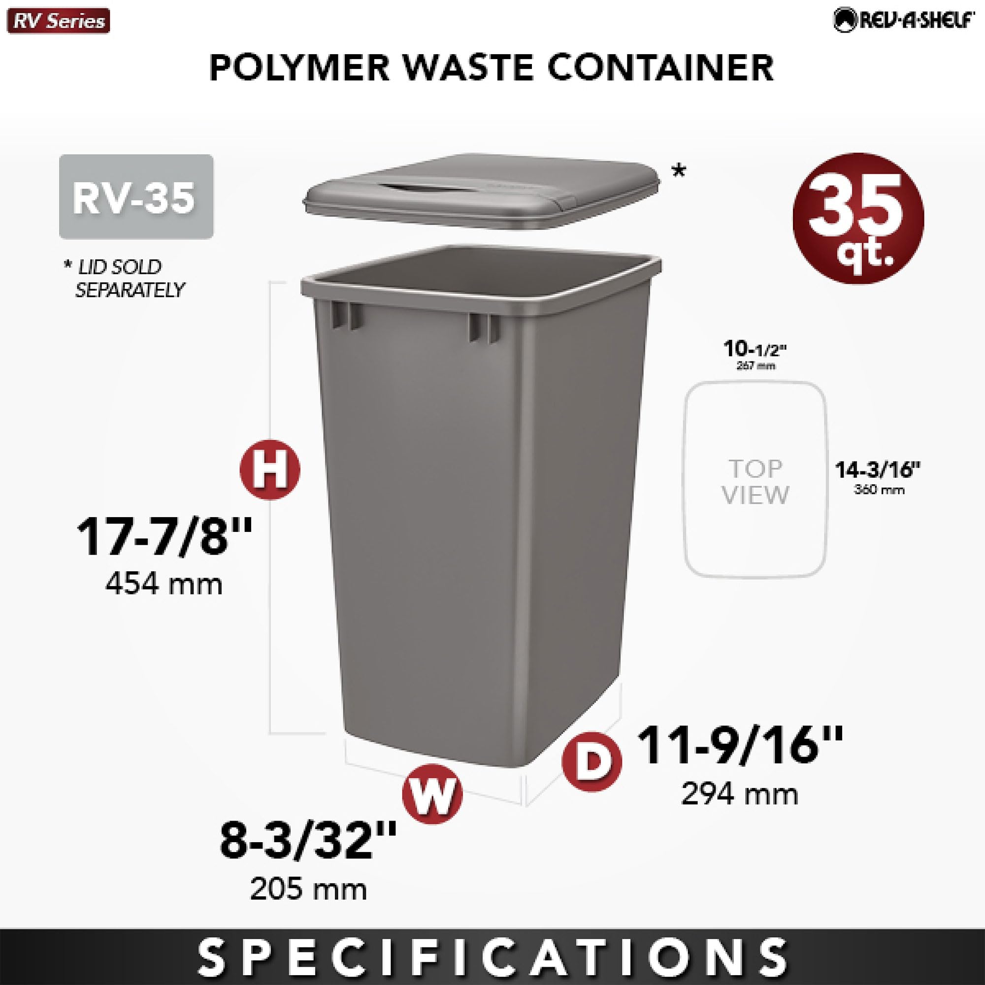Rev-A-Shelf 35 Quart Kitchen Sink Garbage Can For Base Kitchen And Bathroom Cabinet, Replacement Plastic Trash Bin For Laundry R