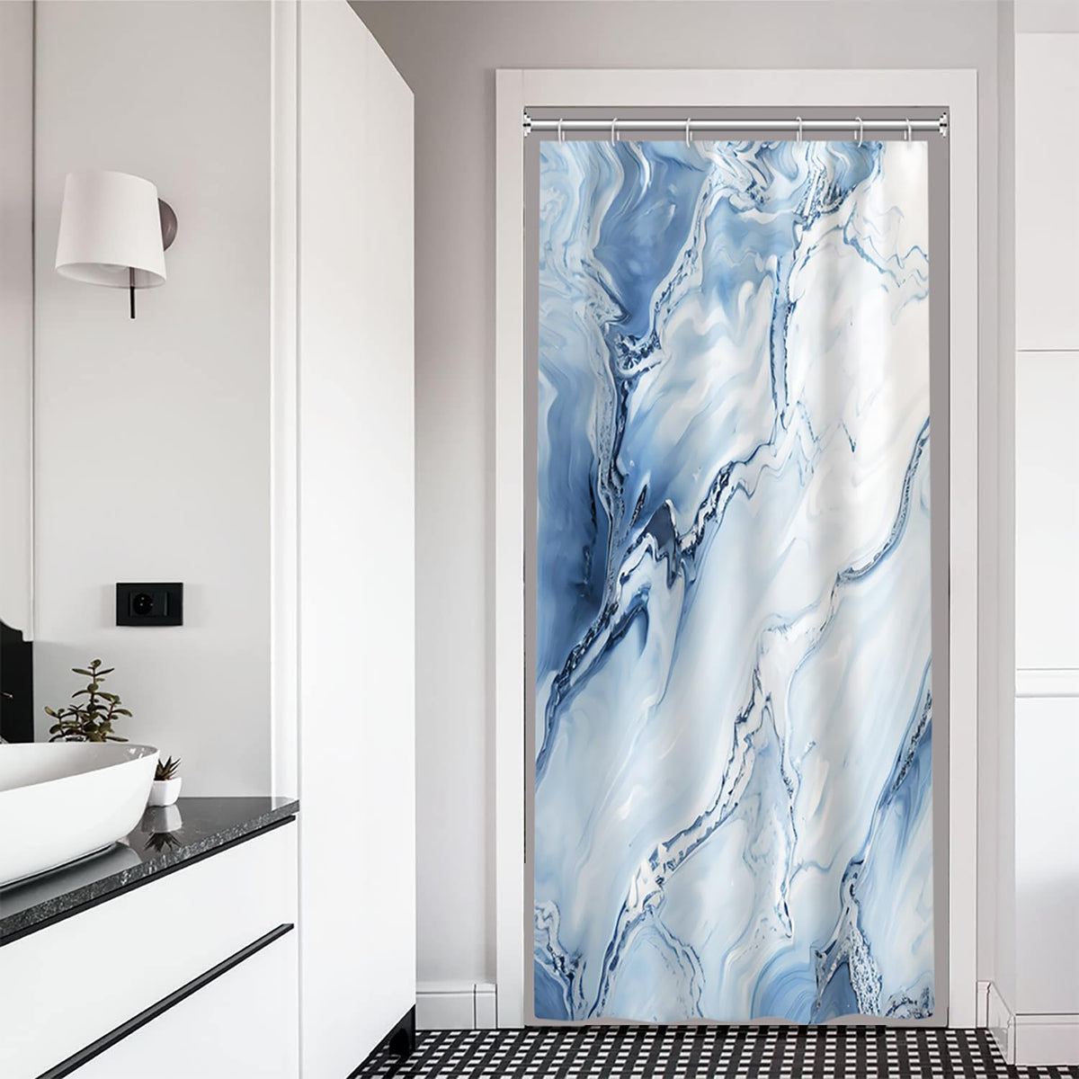 Ruelvth Stall Shower Curtain, Blue Marble Small Shower Curtain Modern Waterproof Fabric Narrow Rv Shower Curtain Set With Hooks,