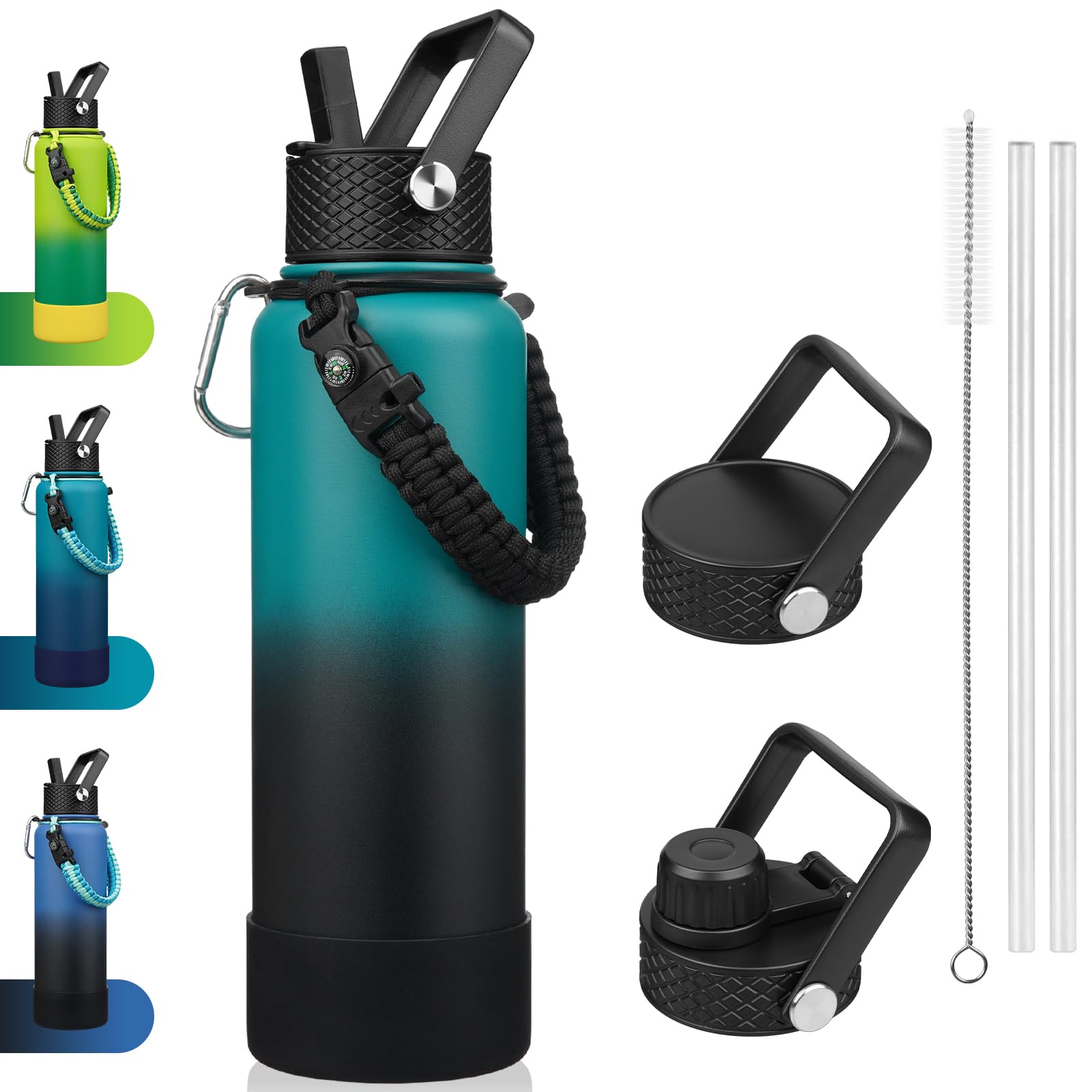 BJPKPK Insulated Water Bottles with Straw Lid, 40oz Large Water Bottle with 3 Lids, Paracord Handle & Non-slip Boot, BPA Free St