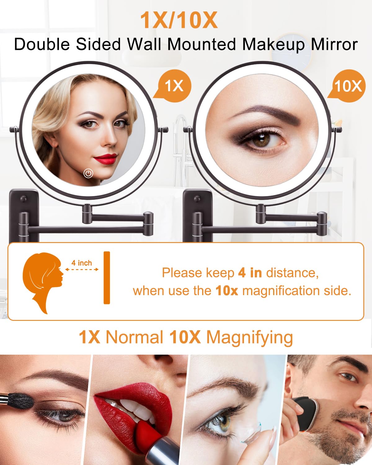 Decluttr 9 Inch Wall Mounted Lighted Makeup Mirror, Double-Sided Magnifying Mirror 1X/10X, 3 Colors Lighted Makeup Mirror, Touch