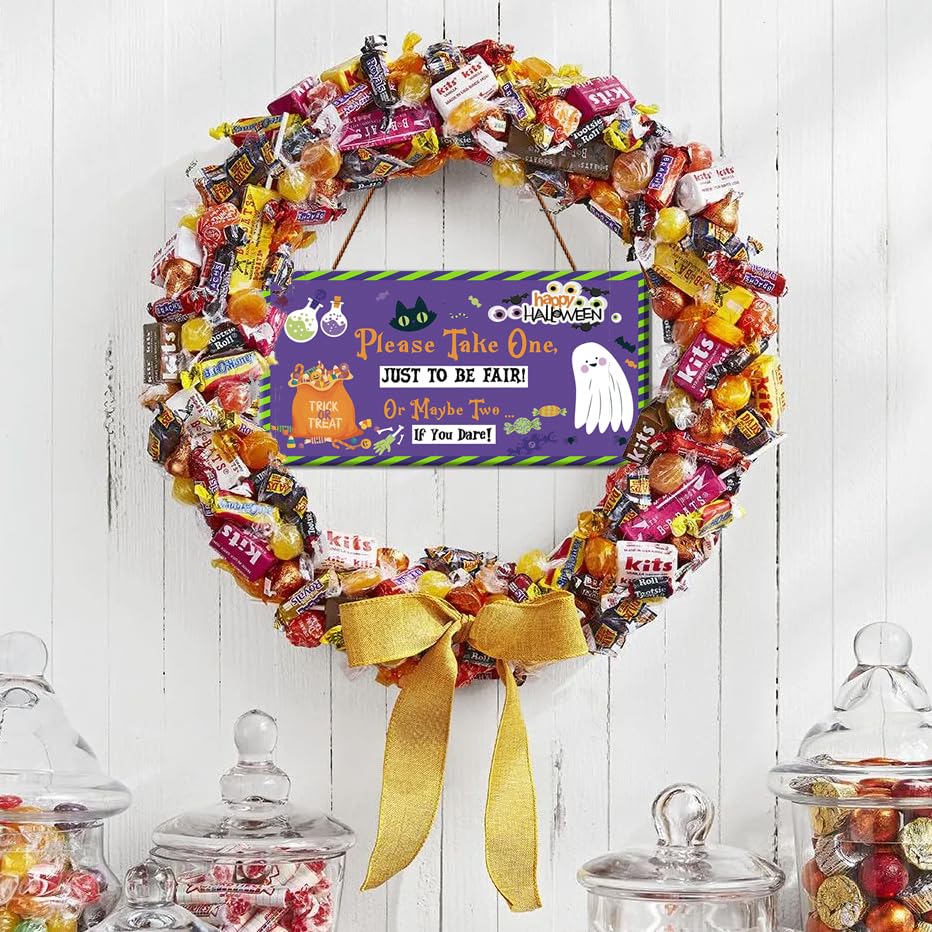 Reversible Halloween Take One/Out of Candy Unattended Candy Bowl Sign, Double-sided Print Durable Hanging PVC Signage for Trick