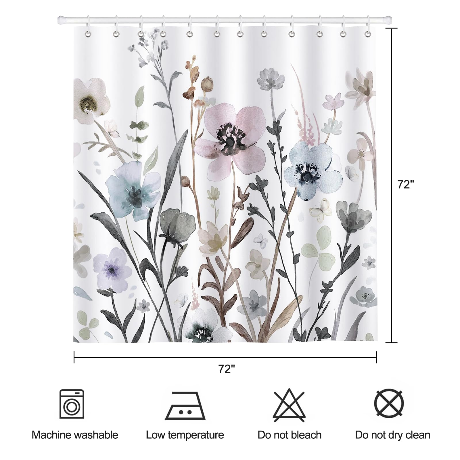 Zchomi Grey Pink Blue Floral Shower Curtain Watercolor Flower Shower Curtain For Bathroom Waterproof Polyester Fabric Bathroom C