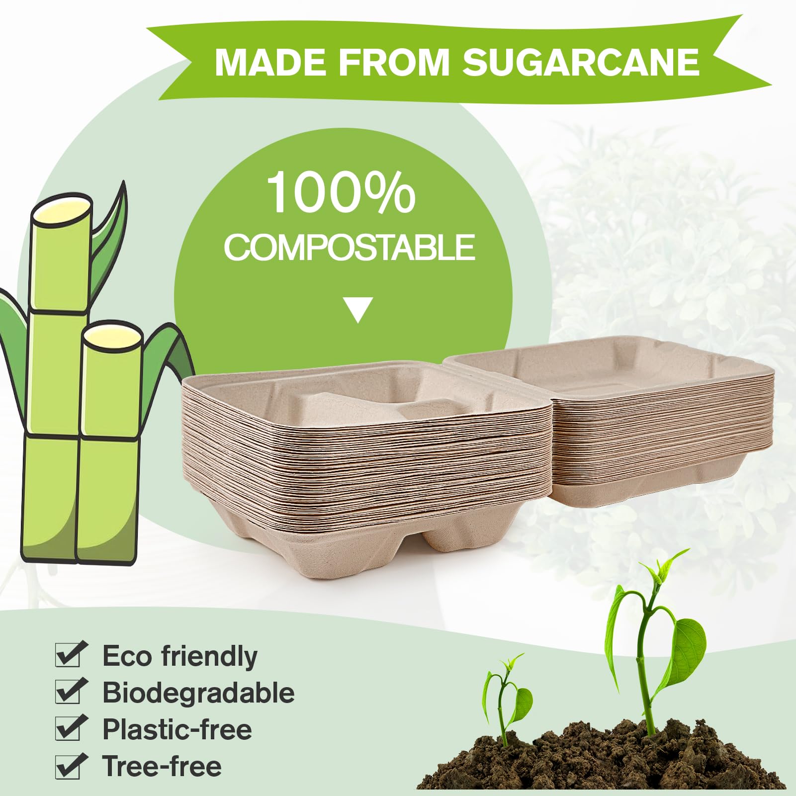 ECOLipak 50 Pack Clamshell Take Out Food Containers  100% Compostable Disposable To Go Containers  8X8 3-Compartment Heavy-Duty To Go Boxes Eco-Friendly Biodegradable To Go Containers For Food