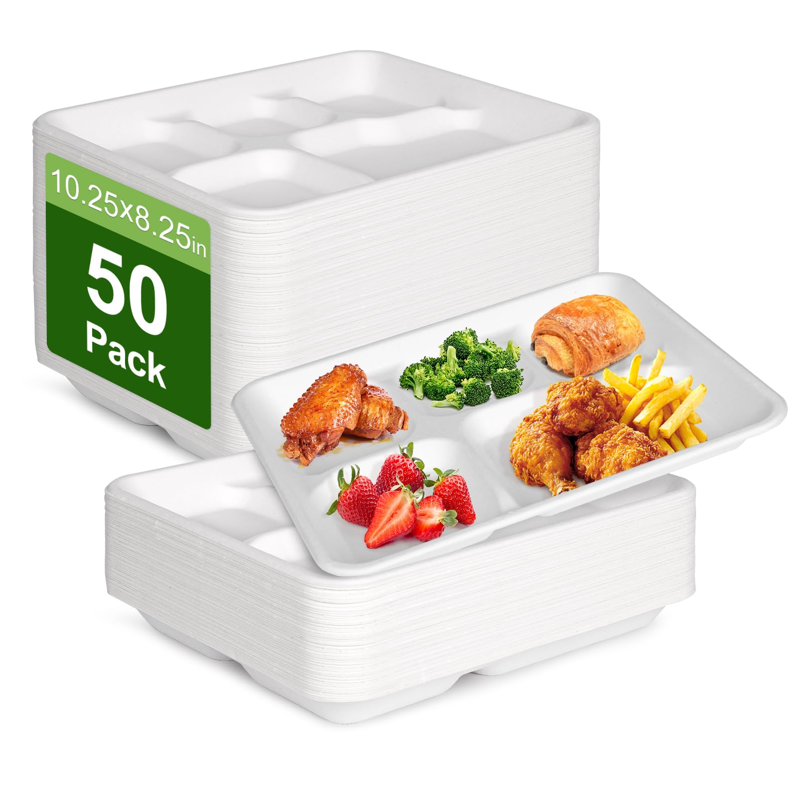 Qi Boo Compostable 5 Compartment Plates Disposable, 10.25 x 8.25 inch, [50-Pack] Heavy Duty Paper Plates with dividers, Sturdy S