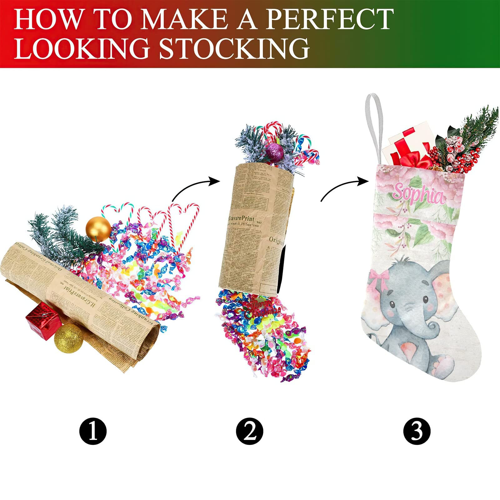 Personalized Christmas Stocking Pink Floral Elephant Santa Socks with Name Custom for Xmas Party Decoration Gift for Family Frie