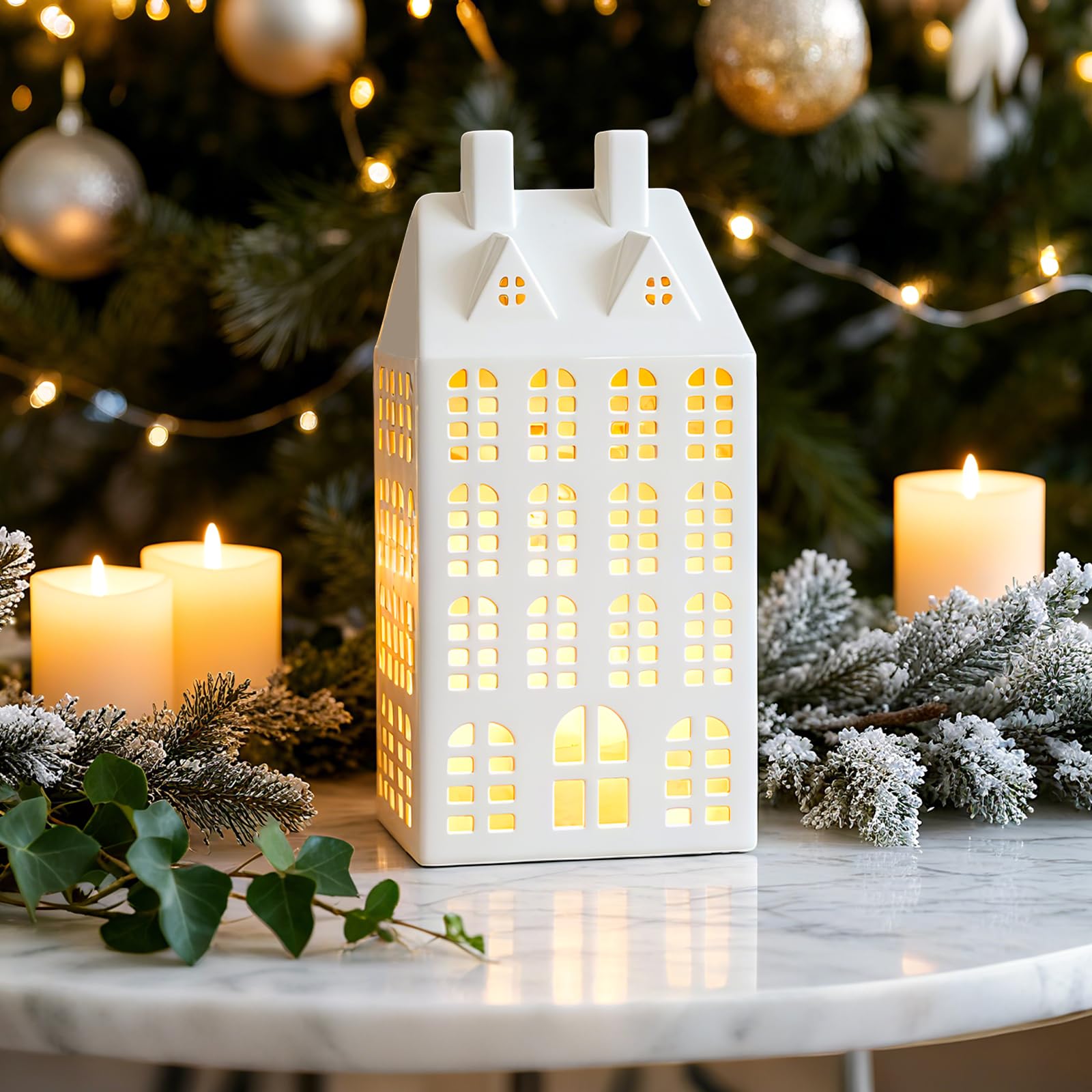DN DECONATION Light Up Christmas Village House, White Ceramic House Decor with Lights, Modern Christmas Town Building Decoration