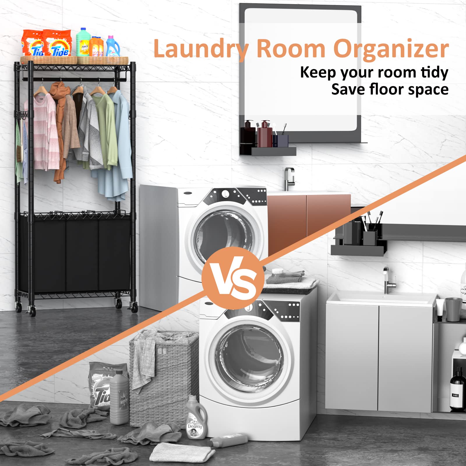 Hodonas Rolling Laundry Basket Organizer With Wheels And Hanging Bar, Laundry Hamper Cart Laundry Sorter 3 Section, Dirty Clothe