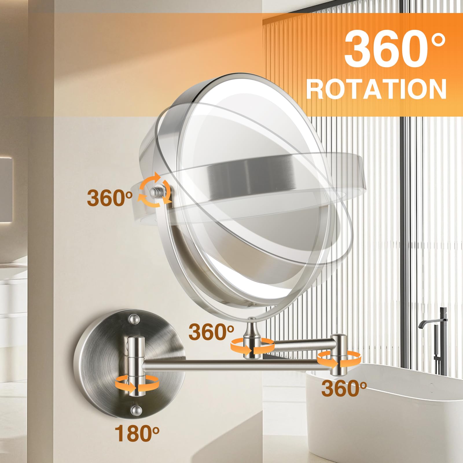 Vorremirr 8.5 Inch Rechargeable Wall Mounted Makeup Mirror Brushed Nickel, Double Side Dual-Touch 1X/10X Magnifying Mirror With