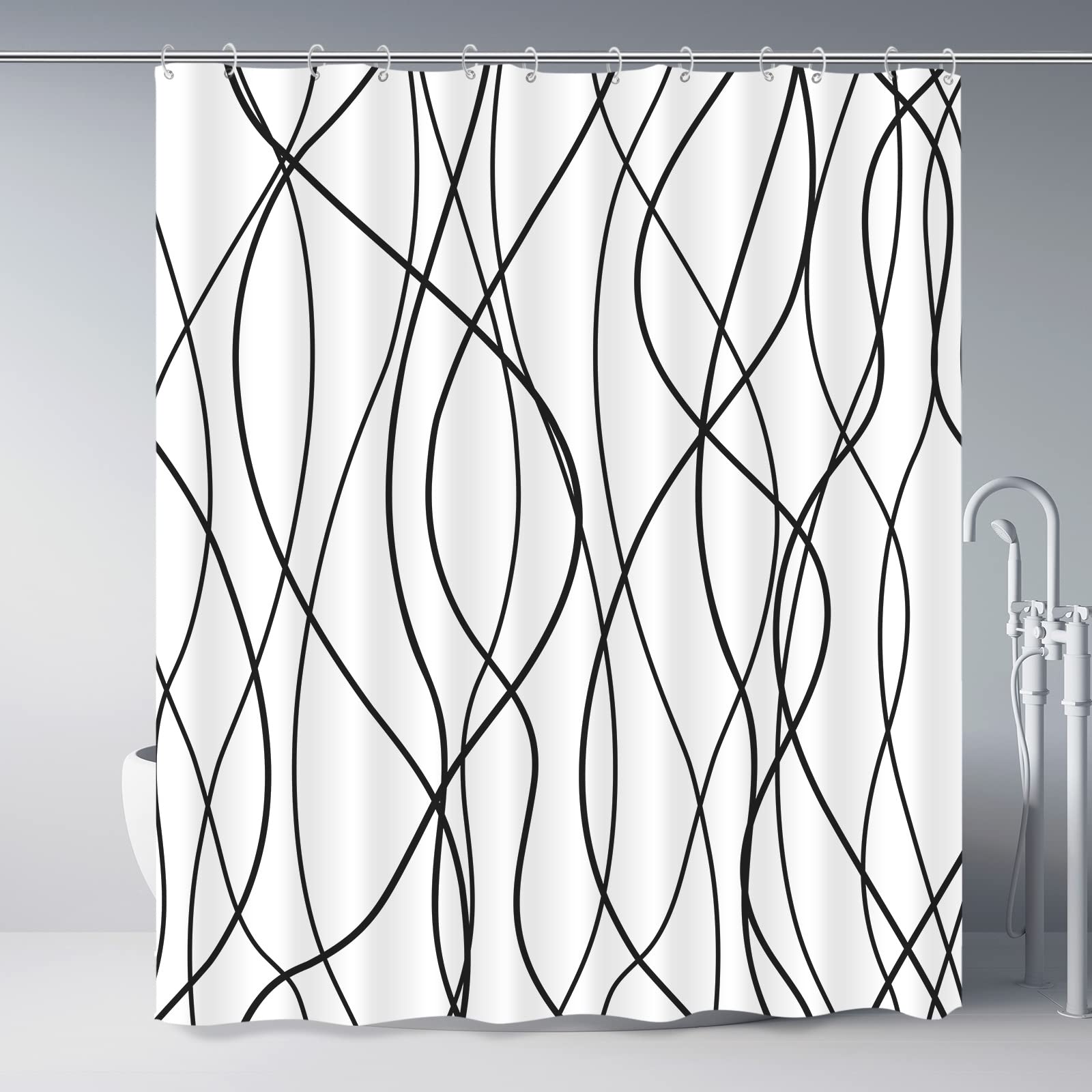 Punkray Black And White Striped Wavy Line Fabric Shower Curtain For Bathroom With 12 Hooks, Shower Curtains For Bathroom 72 Inch