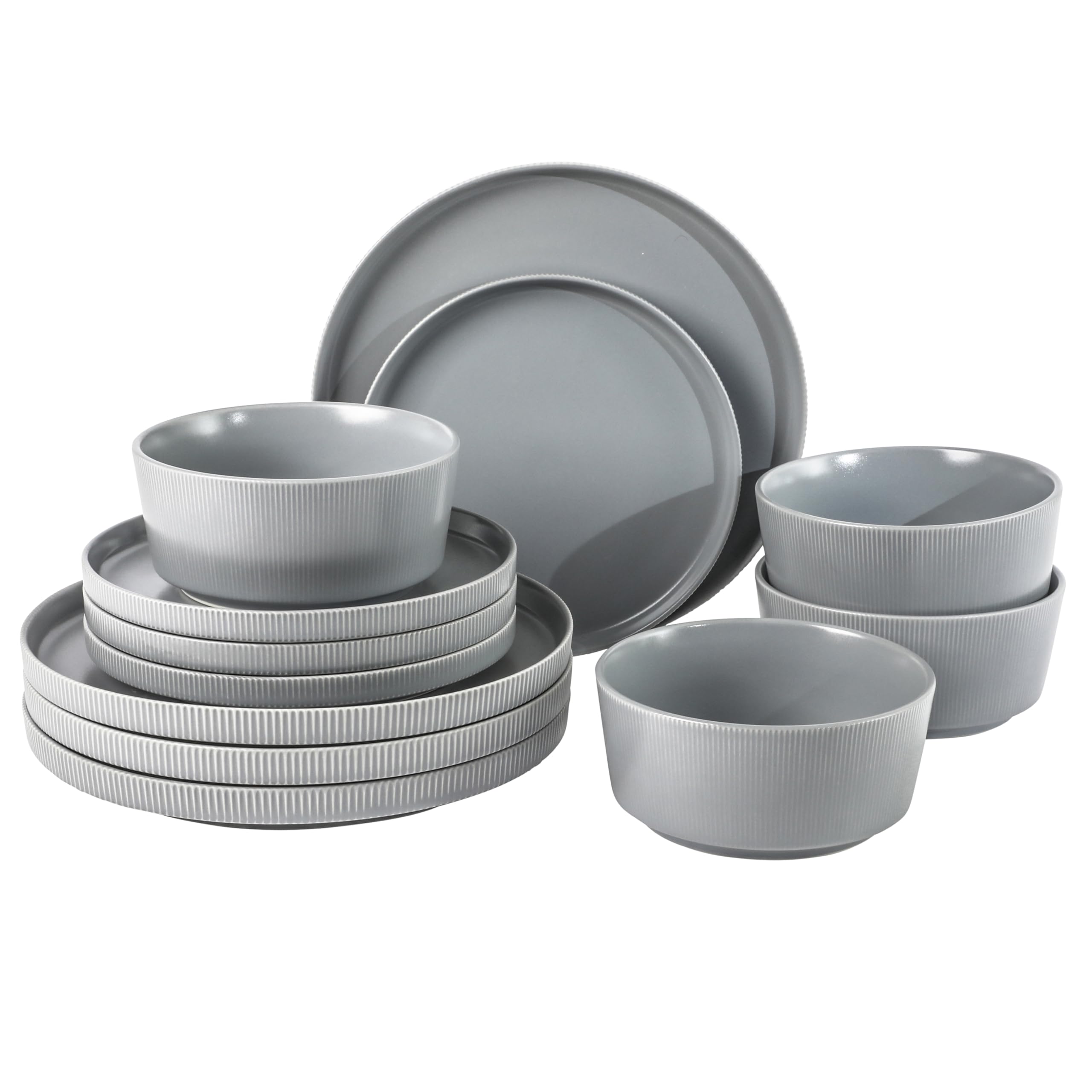 Gibson Home Dempsey Road 12-Piece Stoneware Dinnerware Set - Service for 4, Round Grey Plates and Bowls, Durable Solid Color Mod