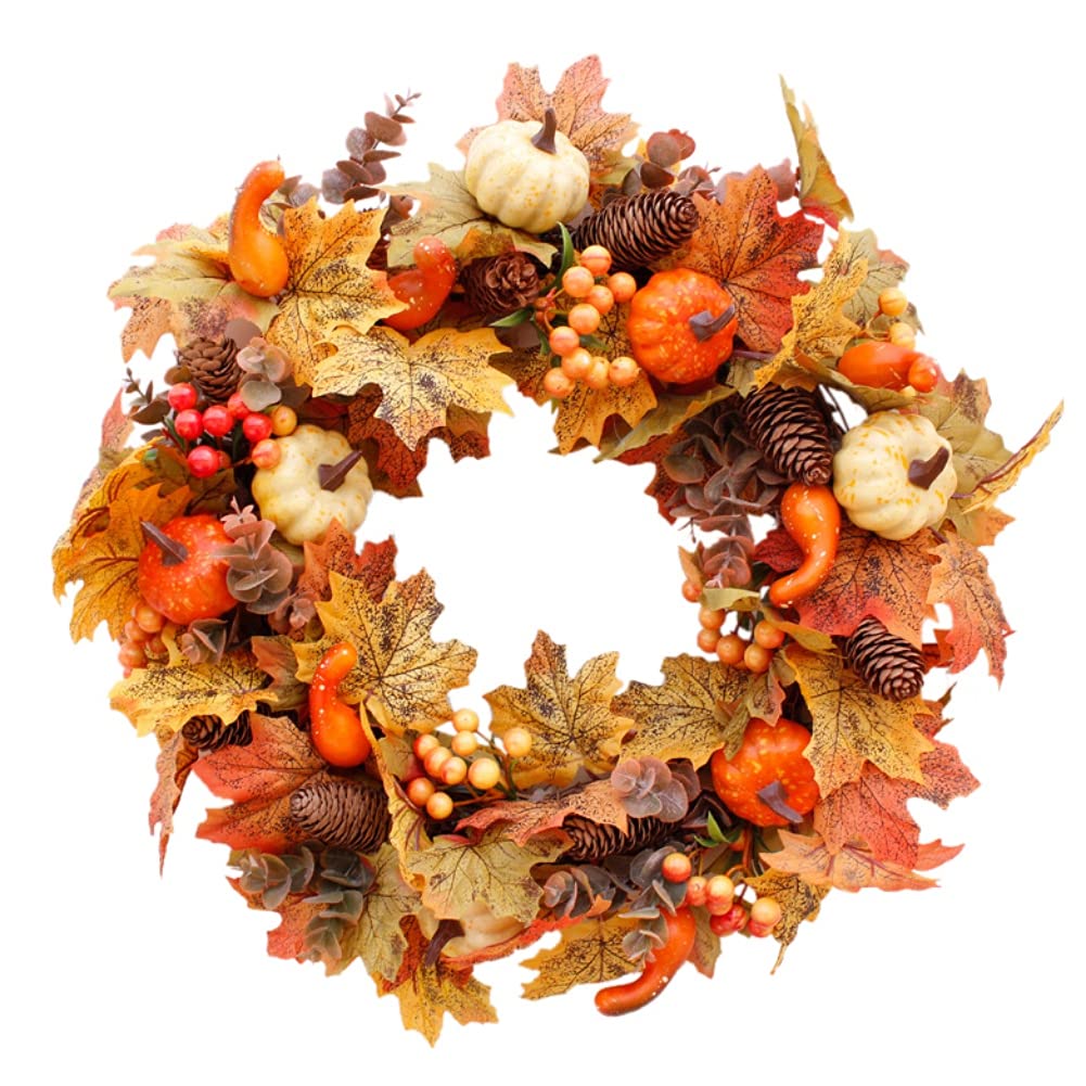 Ochine 20 Inch Fall Wreath, Thanksgiving & Halloween Decoration, Artificial Farmhouse Wreath with Pumpkins, Berry, Maple Leaf, P