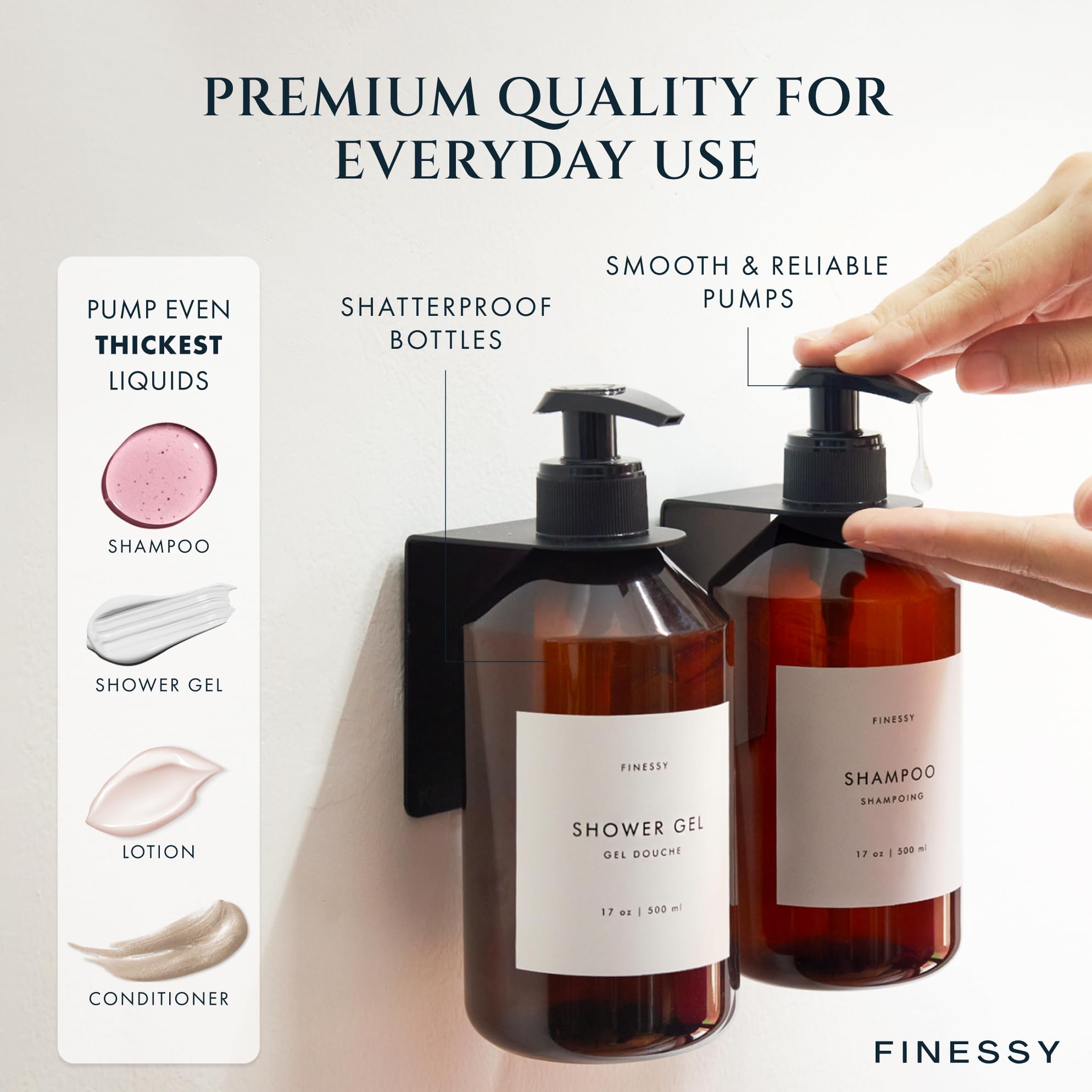 Finessy Refillable Shampoo And Conditioner Dispenser Wall Bottles With Pump, Bathroom Body Wash Soap And Shampoo Dispenser For S