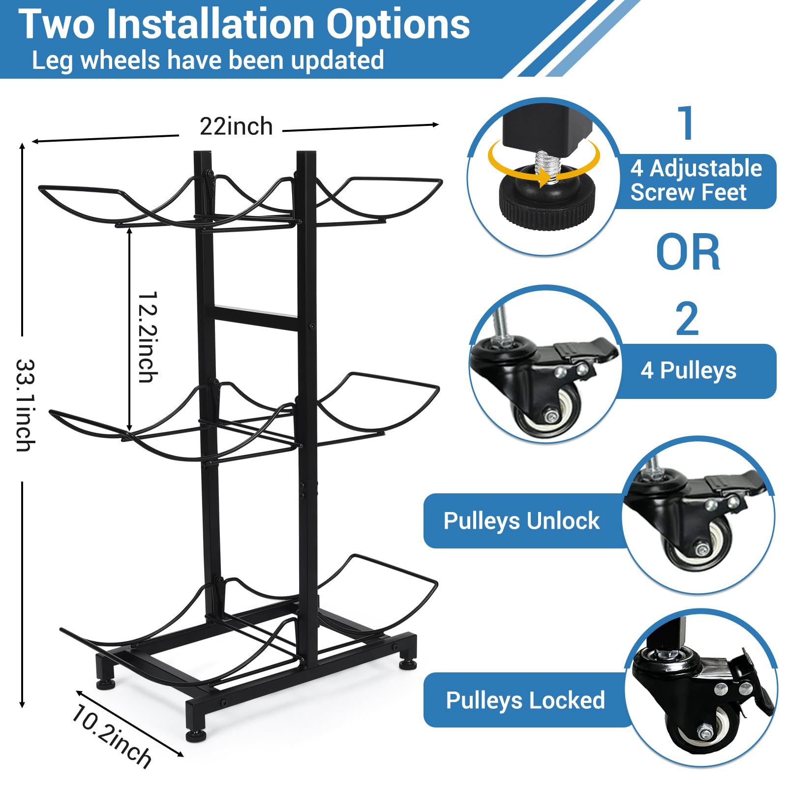 Carod 5 Gallon Water Bottle Holder With 4 Wheels, Heavy Duty Foldable Water Jug Stand 3-Tier Movable 5 Gallon Water Jug Holder W