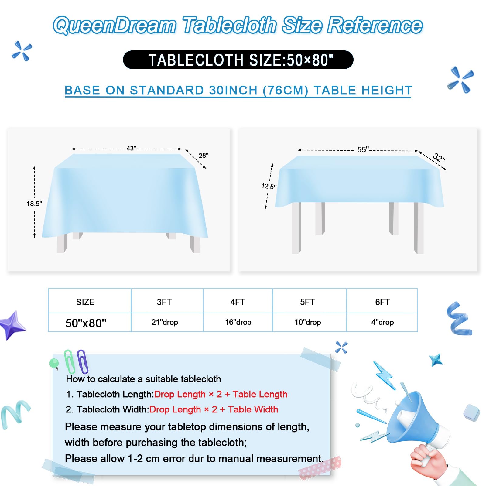 Queendream Sparkly Sequin Tablecloth - Baby Blue Table Cloth 50X80 Inches Rectangle Table Overlay Fabric For Birthday Parties Ba