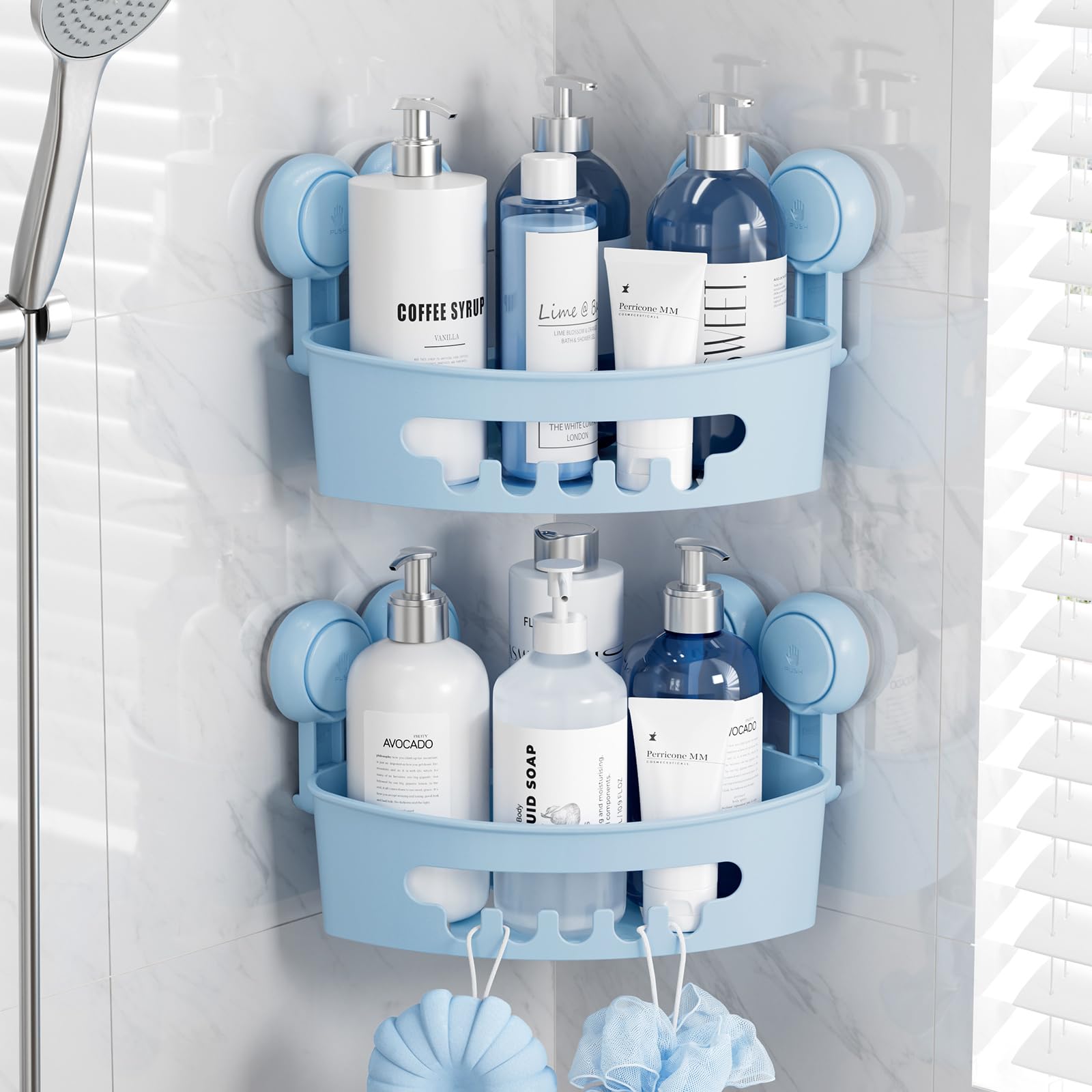 TAILI Suction Corner Shower Caddy, Bathroom Shelf Storage Basket Wall Mounted Organizer for Shampoo, Conditioner, Plastic Rack f