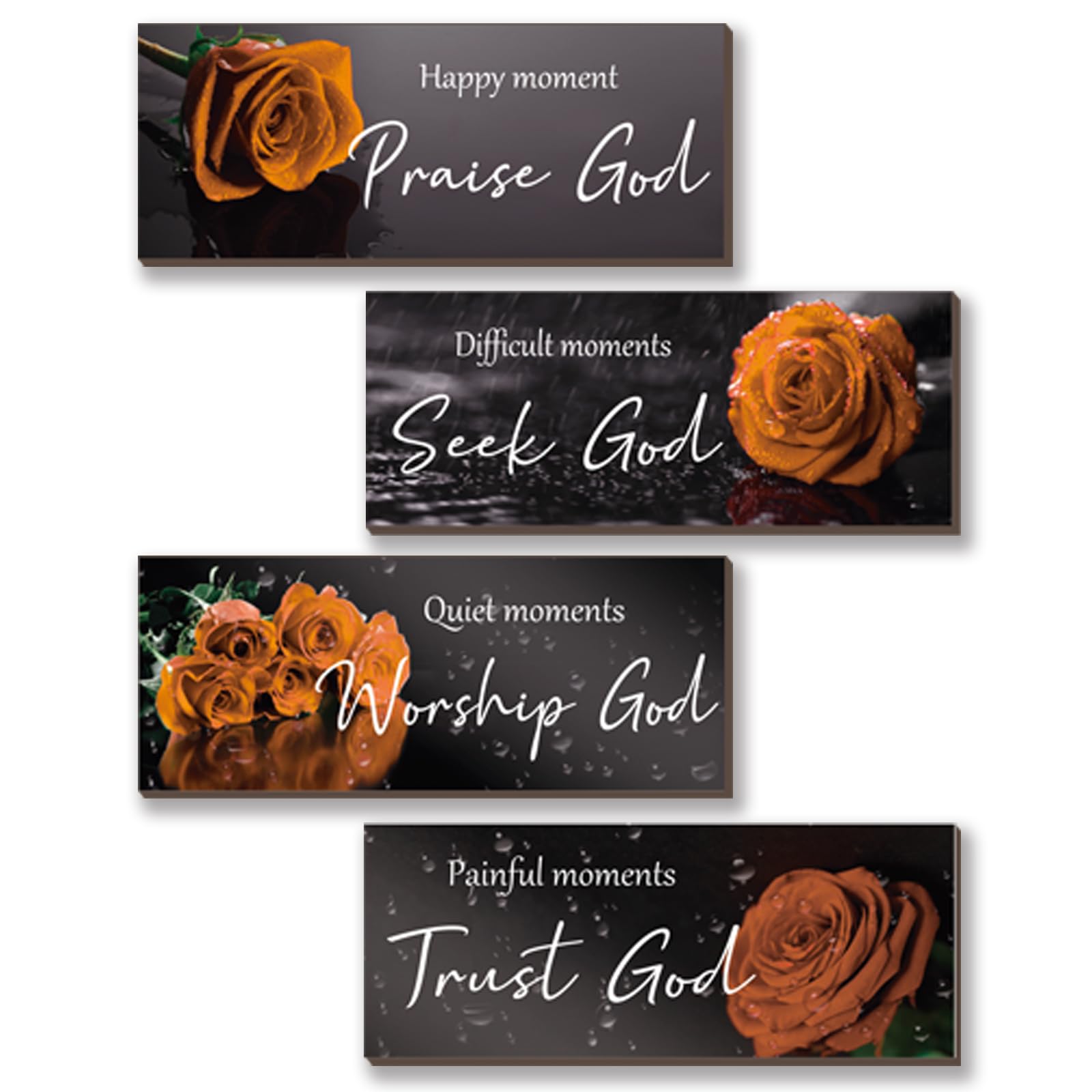 ONIZHITY 4Pcs Orange Bathroom Decor Orange Wall Decor Religious Bible Verse Orange Rose Wall Decor Rustic Wooden Christian Sign 