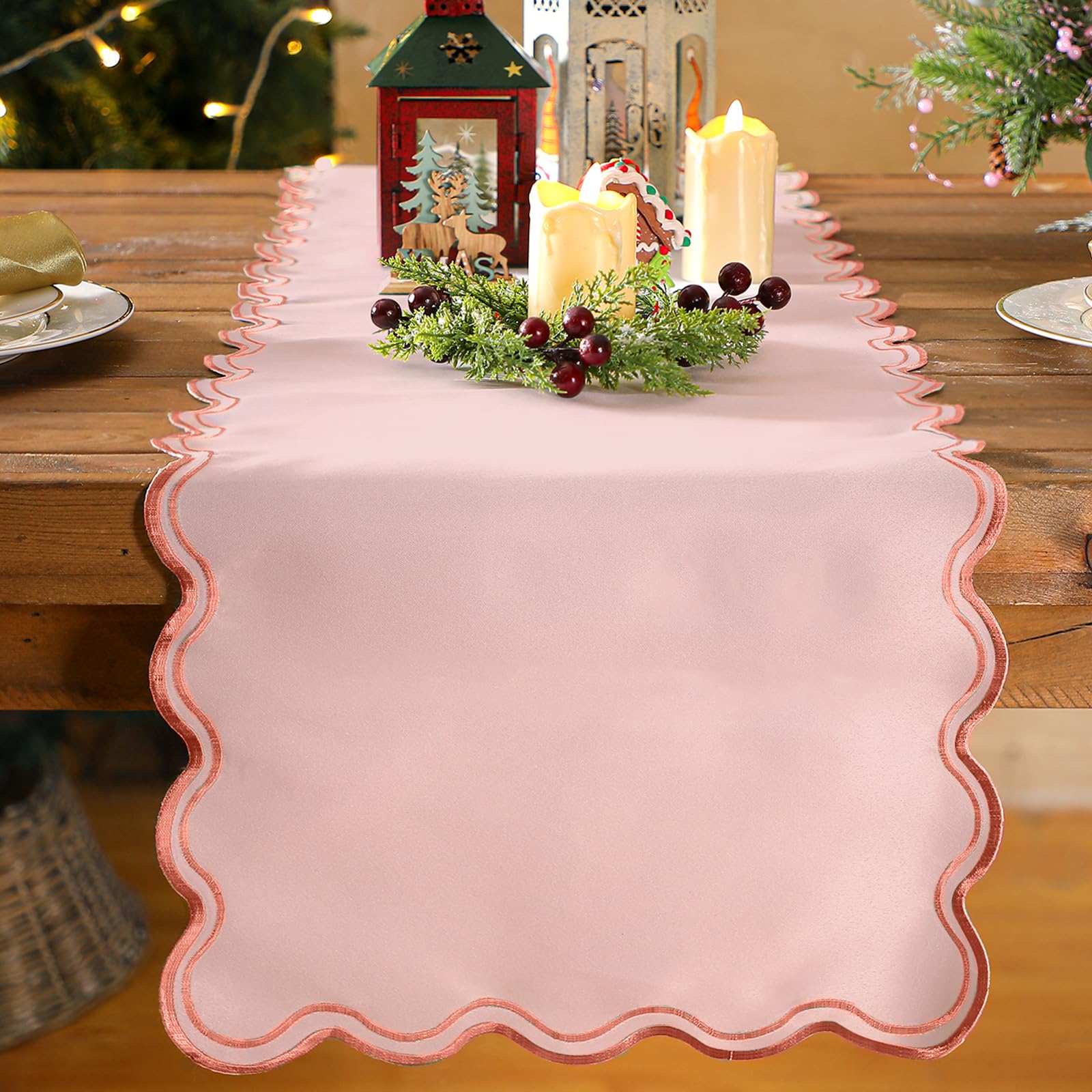 Windkream Scalloped Edge Table Runner 70 Inches Preppy Embroidery Edge Table Runner Cute Neutral Rustic Dining Decor for Kitchen
