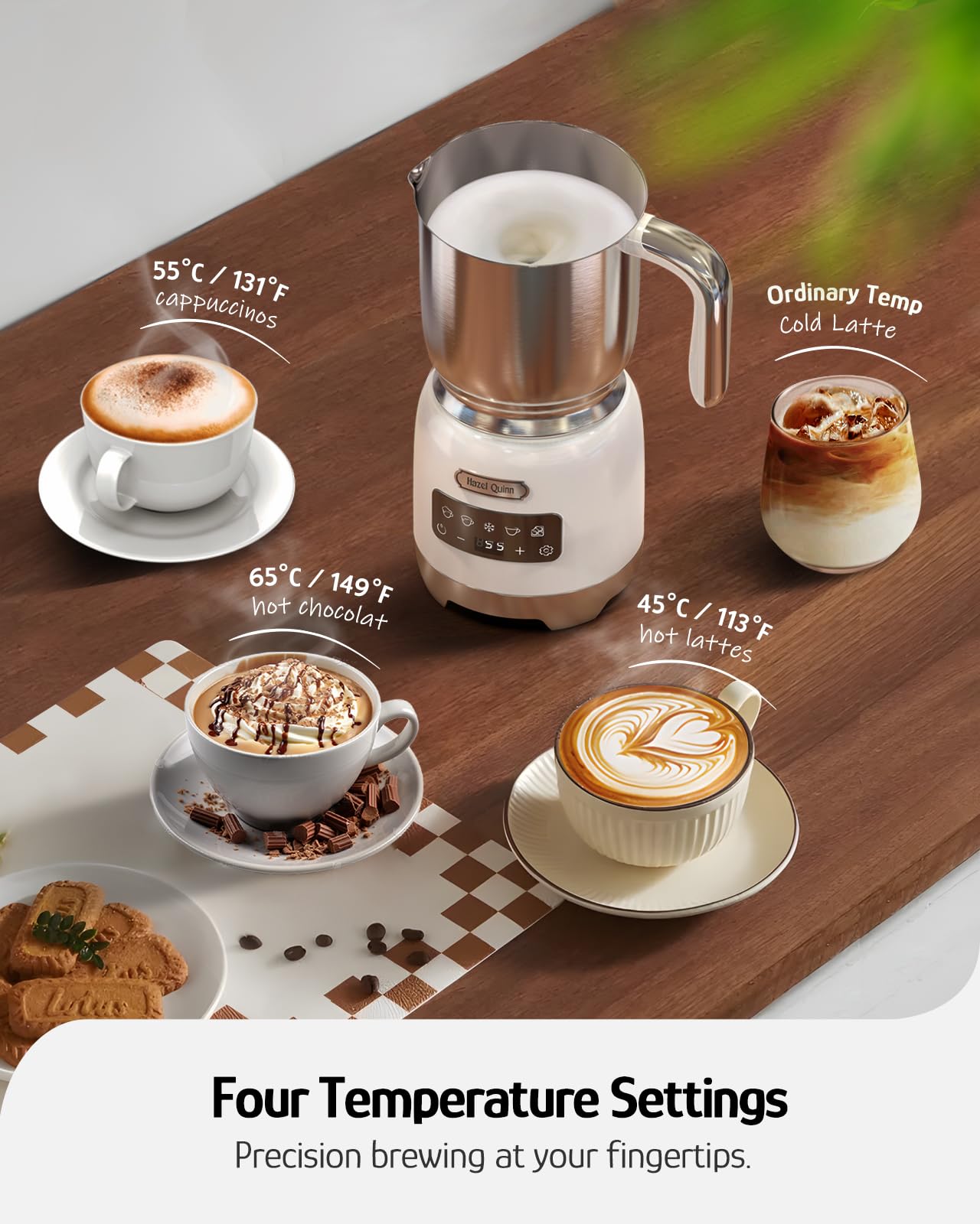 Hazel Quinn Milk Frother - 5 Functions, 400ml, Stainless Steel, Pearl White, Model XQP001, Dishwasher Safe for Hot & Cold Beverages