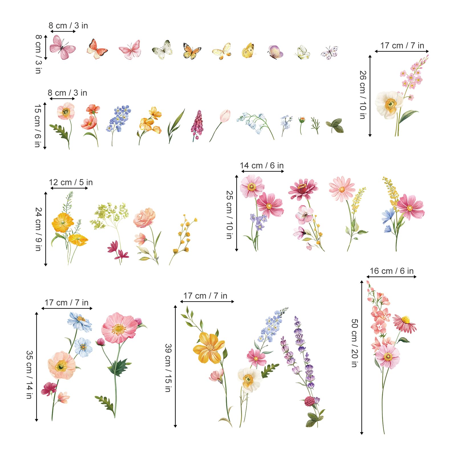 Decalmile Flower Wall Decals Daisy Wildflower Grass Butterflies Wall Stickers Girls Bedroom Living Room Home Office Wall Decor