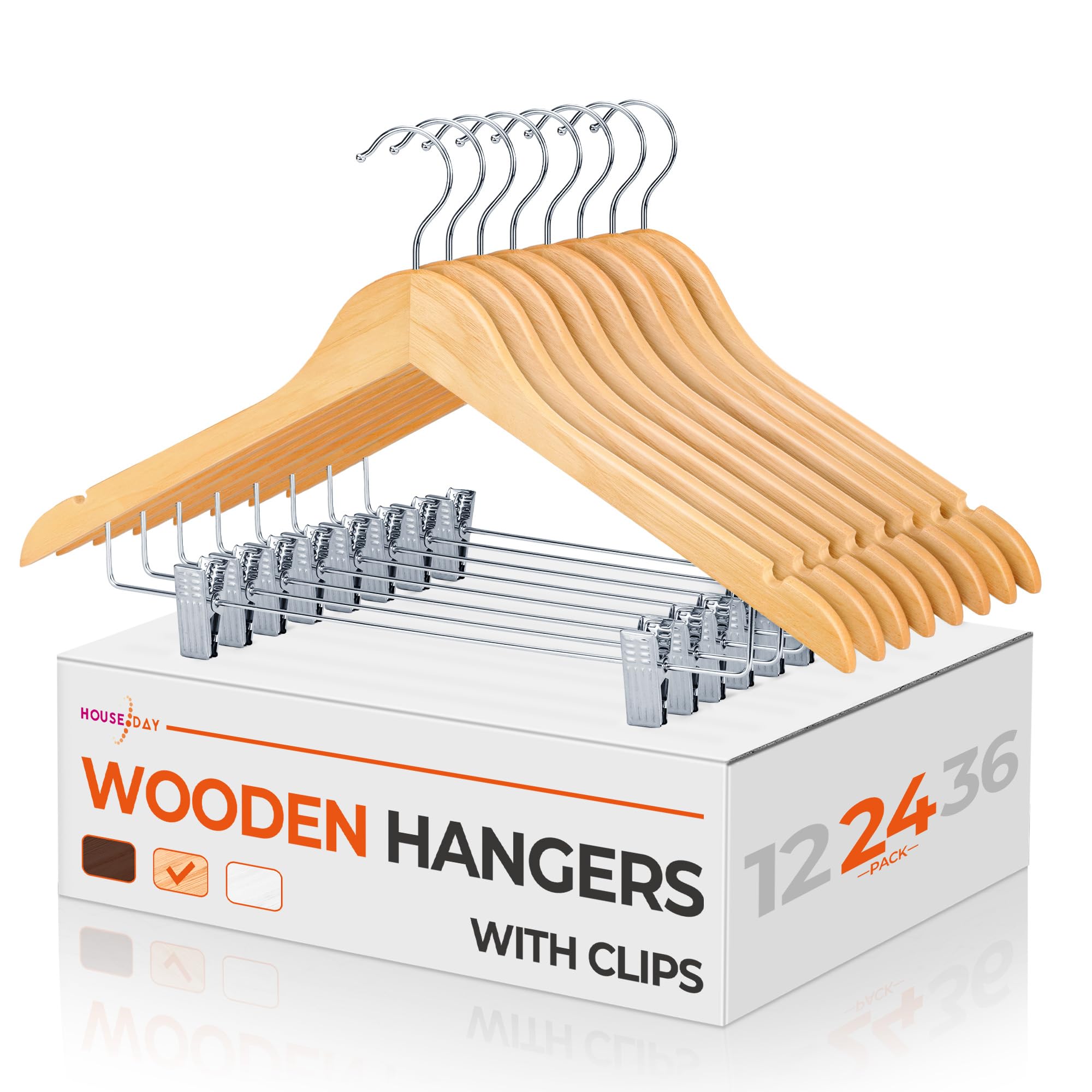House Day Wooden Hangers With Clips 24 Pack,Wooden Suit Hangers Skirt Hangers Solid Wood Pants Hangers Natural Smooth Finish Woo