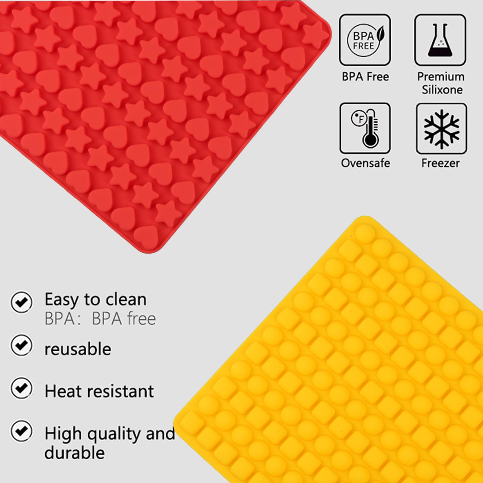 Silicone Gummy Molds, 148 Cavity Cute Star Heat Red Candy Mold/226 Cavity Mini Semi Sphere Round Square Yellow Dog Treat Mold Fo