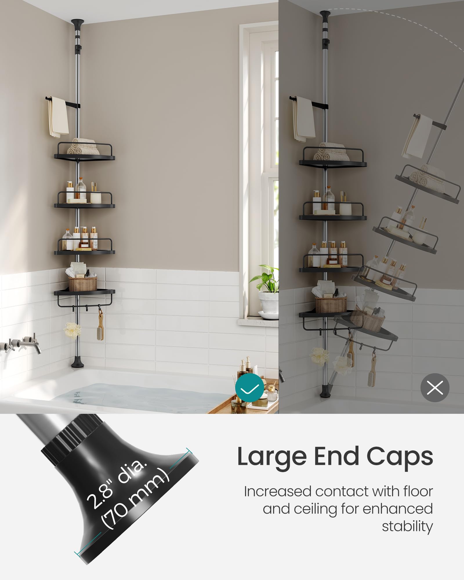 SONGMICS 4-Tier Corner Shower Caddy, Adjustable Tension Pole, Rust-Resistant, Ink Black, 35.8"-118.1" Height