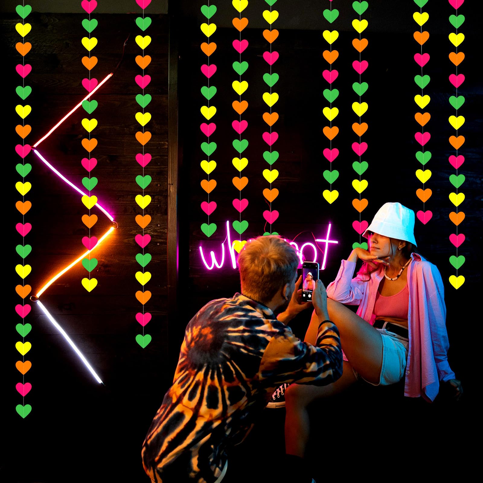 UV Neon Party Decorations Heart-Garland - 52ft Glow in The Dark Supplies,80s Hanging Streamers Banner,Girl Romantic Wedding Anni