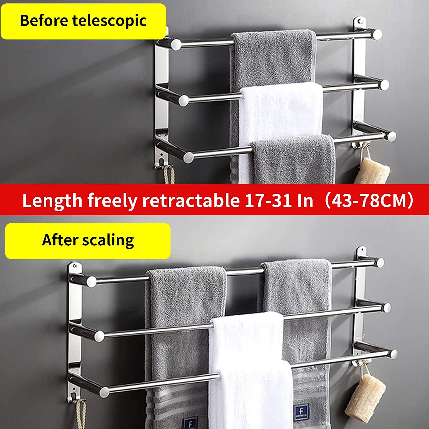 lanliebao Stainless Steel Towel Bars Hanger - Retractable 20-30 Inch, Strong 3M Adhesive, Space Saving for Bathroom and Kitchen
