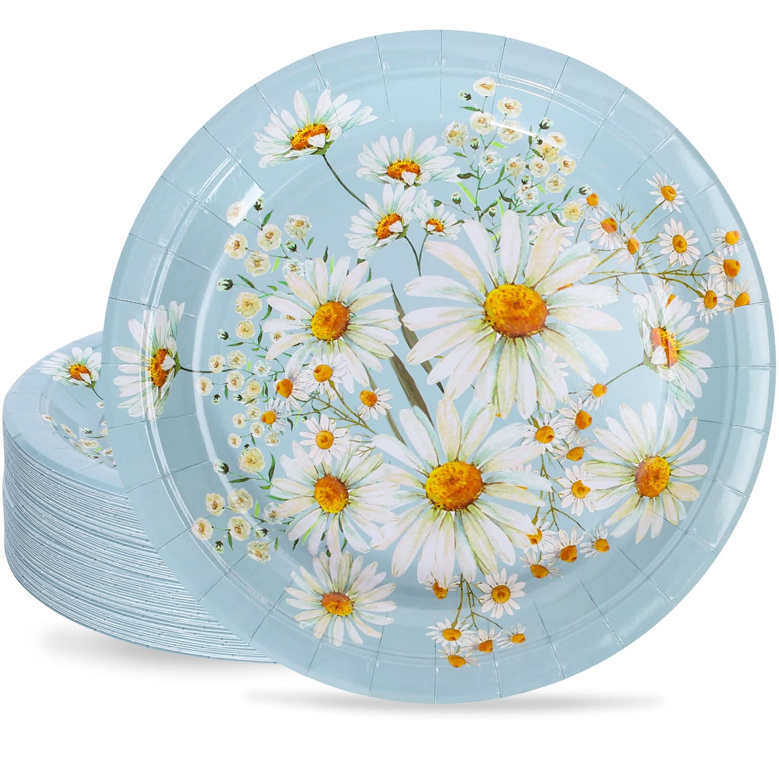 Whaline 40Pcs Daisy Flower Paper Plates 9 Inch Spring Summer Blue White Flower Disposable Party Plates Farmhouse Floral Tablewar
