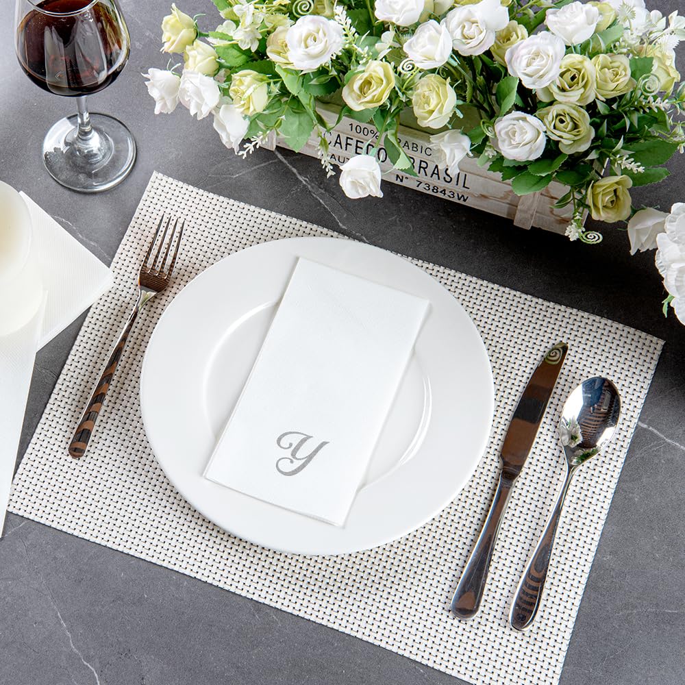 Luxenap 15.8 X 7.9 Inch Linen-Feel Guest Towels, 2000 Disposable Striped Hand Towels - Silver Letter 'Y', Cursive Font, White Pa