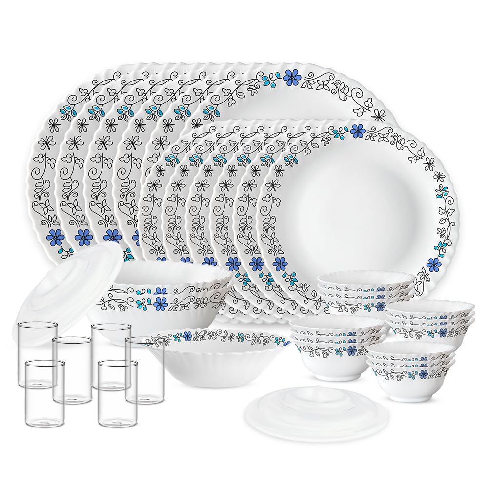 Larah By Borosil Silk Series Blue Iris Opalware Dinner Set With Vision Glass | 35Pcs For Family Of 6 | Microwave & Dishwasher Sa