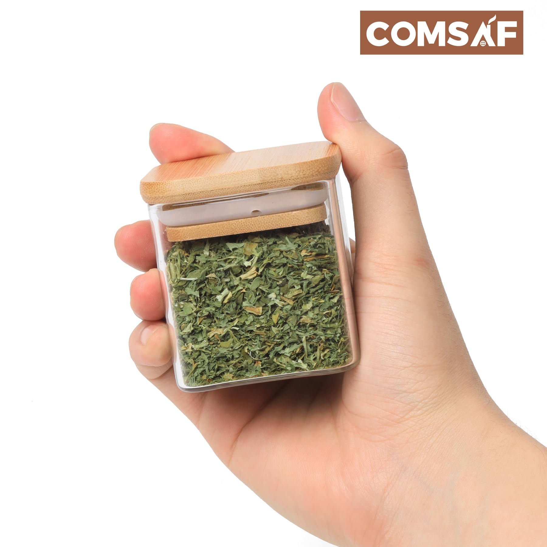 Comsaf 16Pcs Glass Spice Jars With Bamboo Lid, 4Oz Airtight Square Spice Containers With 275 Black Lables, Empty Seasoning Jars