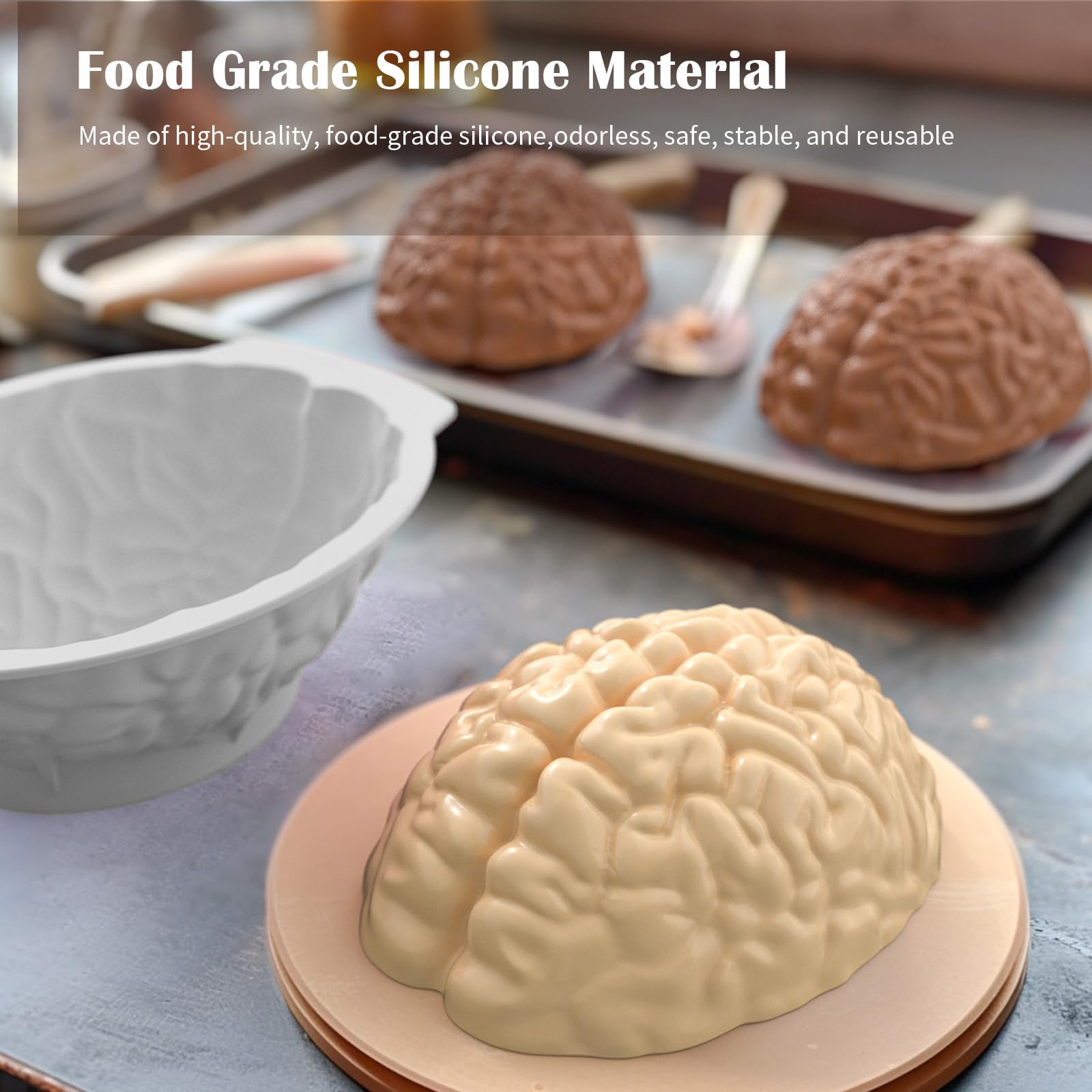 Silicone Brain Mold - White Realistic Human Brain Cake Mold,Large Volume With Support Base,Thicken Organs Mould For Halloween Fo