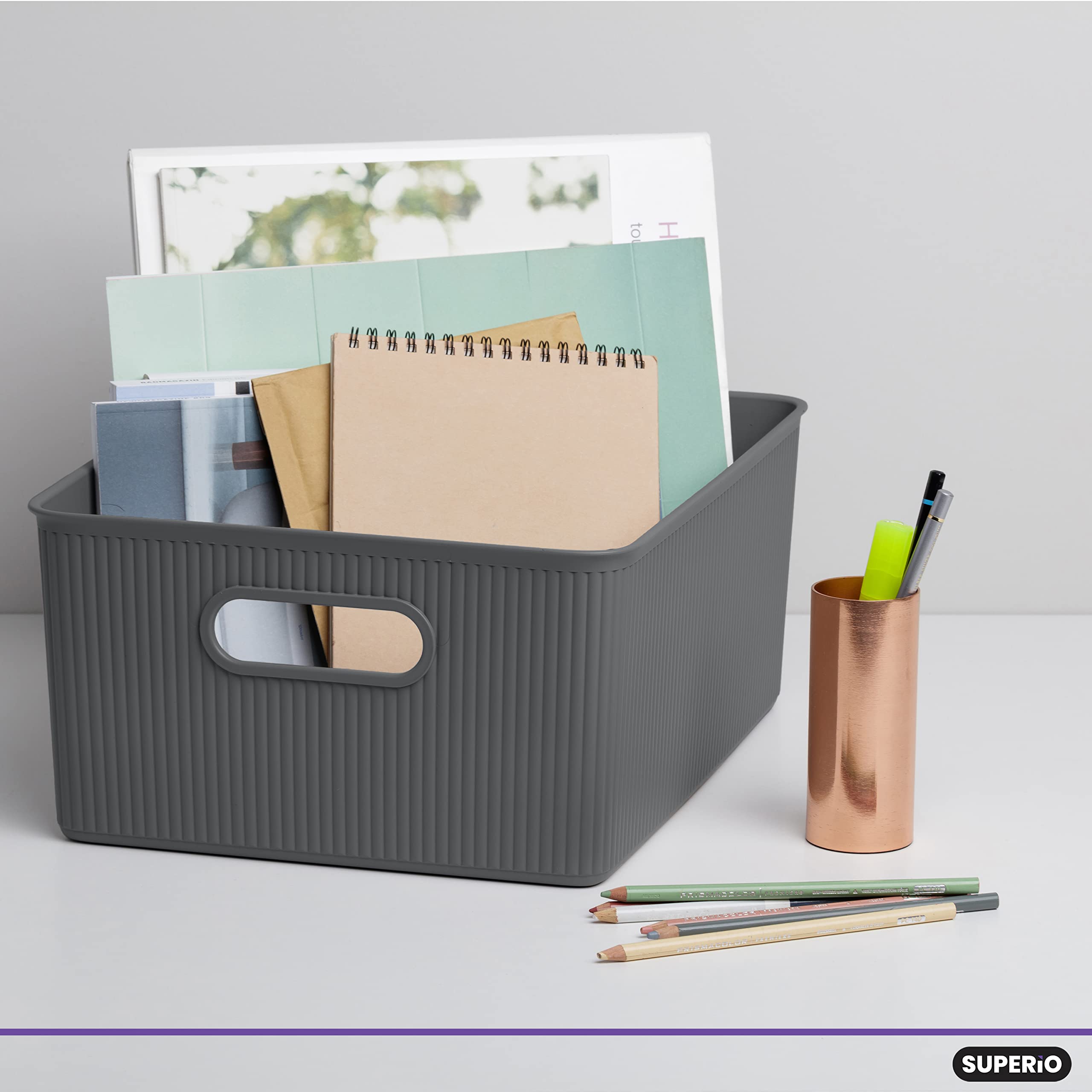 Superio Ribbed Collection - Decorative Plastic Open Home Storage Bins Organizer Baskets, Large Grey (1 Pack) Container Boxes For