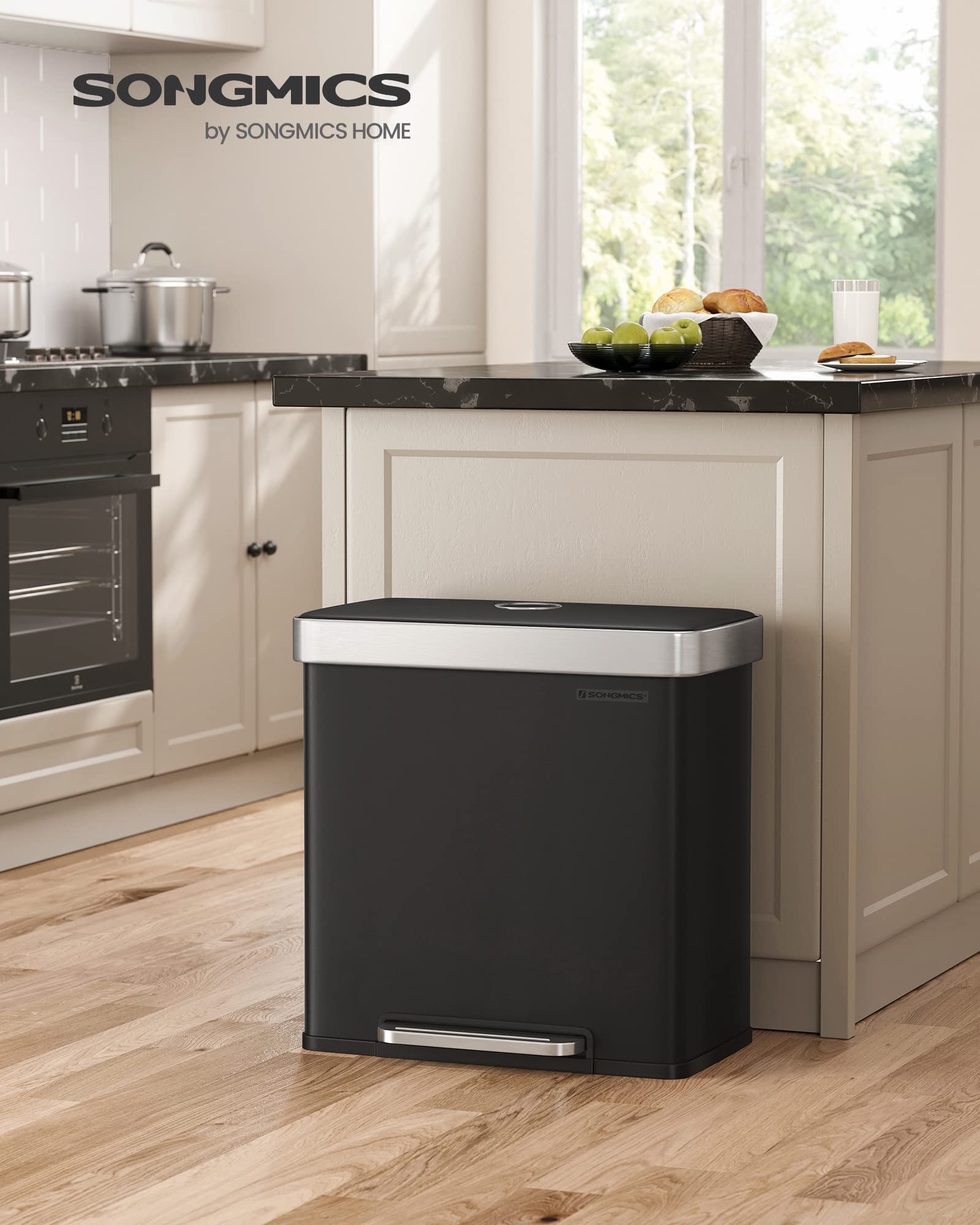 SONGMICS Kitchen Trash Can  16 Gallon (2 x 8 Gallon) Dual Compartment Garbage Can  60L Pedal Recycling Bin  Stay-Open Lid and Soft Closure  Stainless Steel  15 Trash Bags Included  Black ULTB202B01
