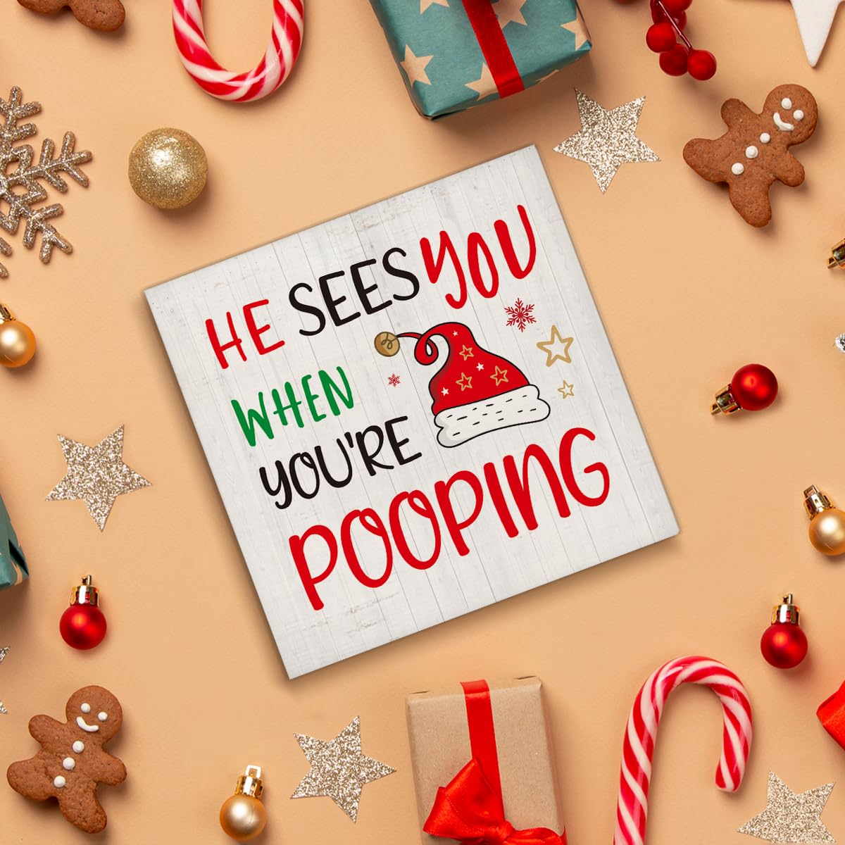 Christmas Bathroom Decorations - Funny Christmas Decor, He Sees You When You're Pooping Bathroom Wooden Sign, Home Decor for Des