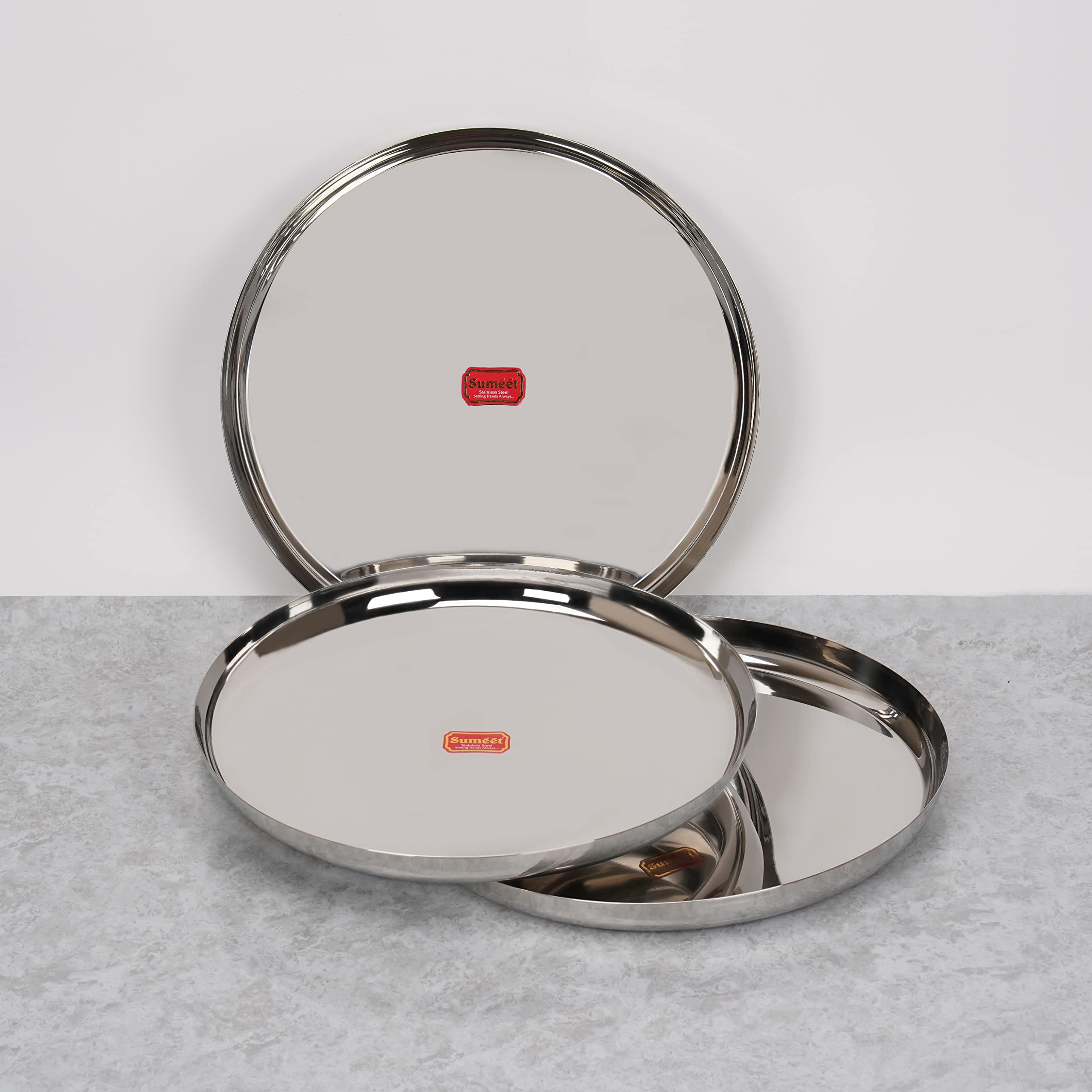 Sumeet Stainless-Steel Apple Shape Heavy Gauge Dinner Plates with Mirror Finish-34.6cm Dia, Set of 3pc, Silver