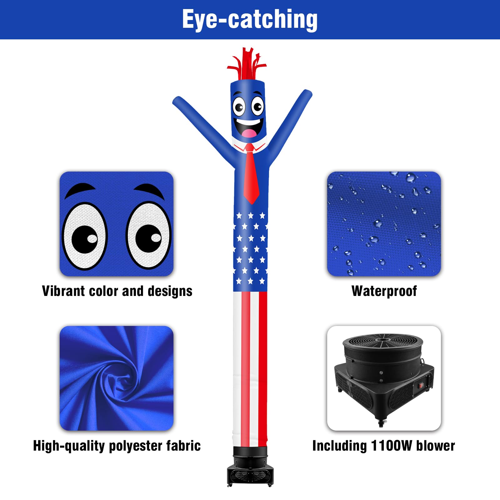 GOODENY 20FT Tall Inflatable Tube Man American Flag Wacky Wavy Dancing Guy with 1.5 HP Weather-Resistant Blower (18  Diameter) f