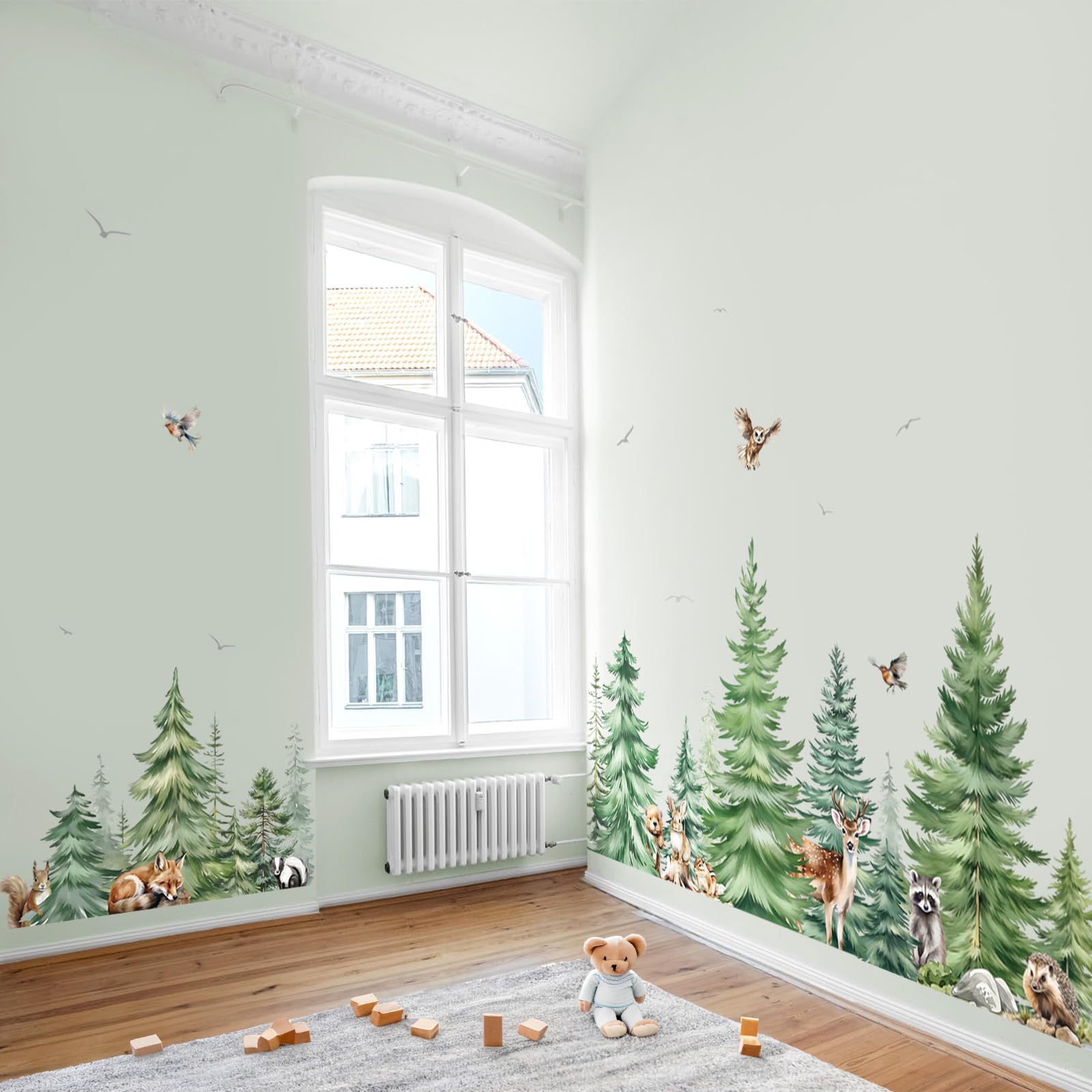 Decalmile Large Watercolor Pine Tree Animals Wall Stickers Woodland Forest Tree Fox Deer Bear Wall Decals Baby Nursery Bedroom L