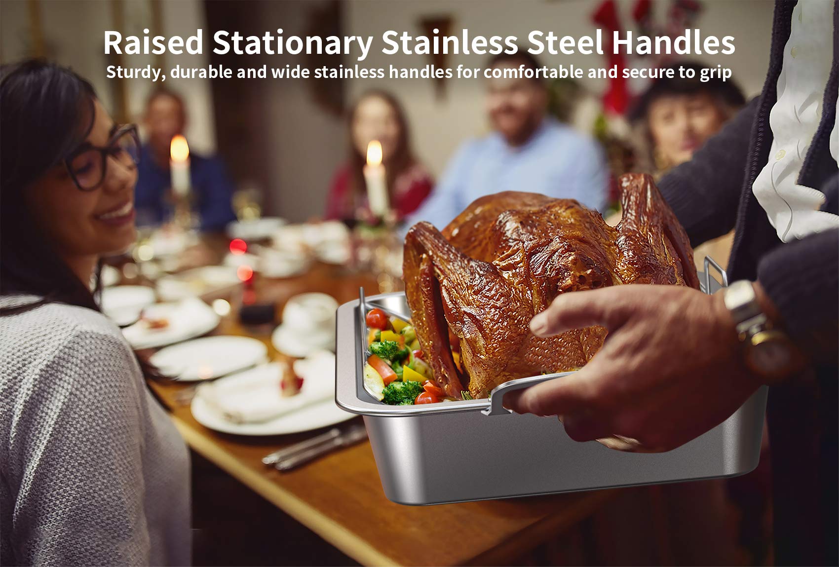 Skyflame Stainless Steel Roasting Pan with Rack, Silver, Nonstick U-Rack for Turkey, Indoor/Outdoor Oven Cooking
