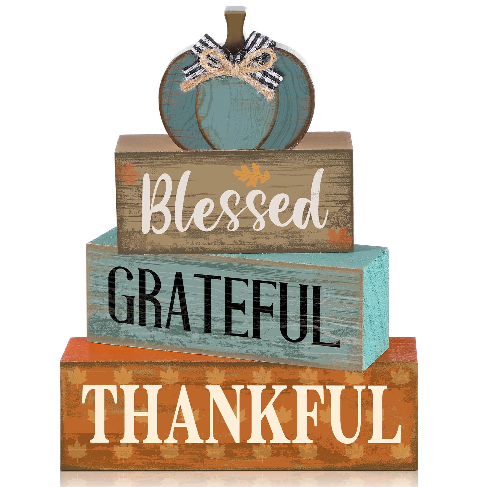 Lineshading 4 Pcs Fall Table Decoration for Home Wooden Blue Pumpkin Decor with Sunflowers Rustic Thanksgiving Tiered Tray Decor